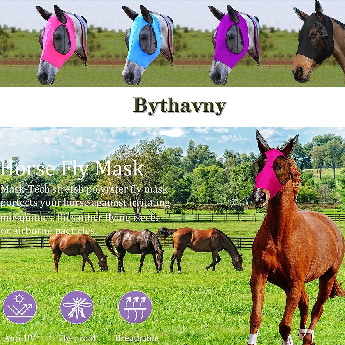 Masque Anti-Mouches Cheval Avec Protection UV - Nylon Doux, Couvre-Oreilles Élastiques