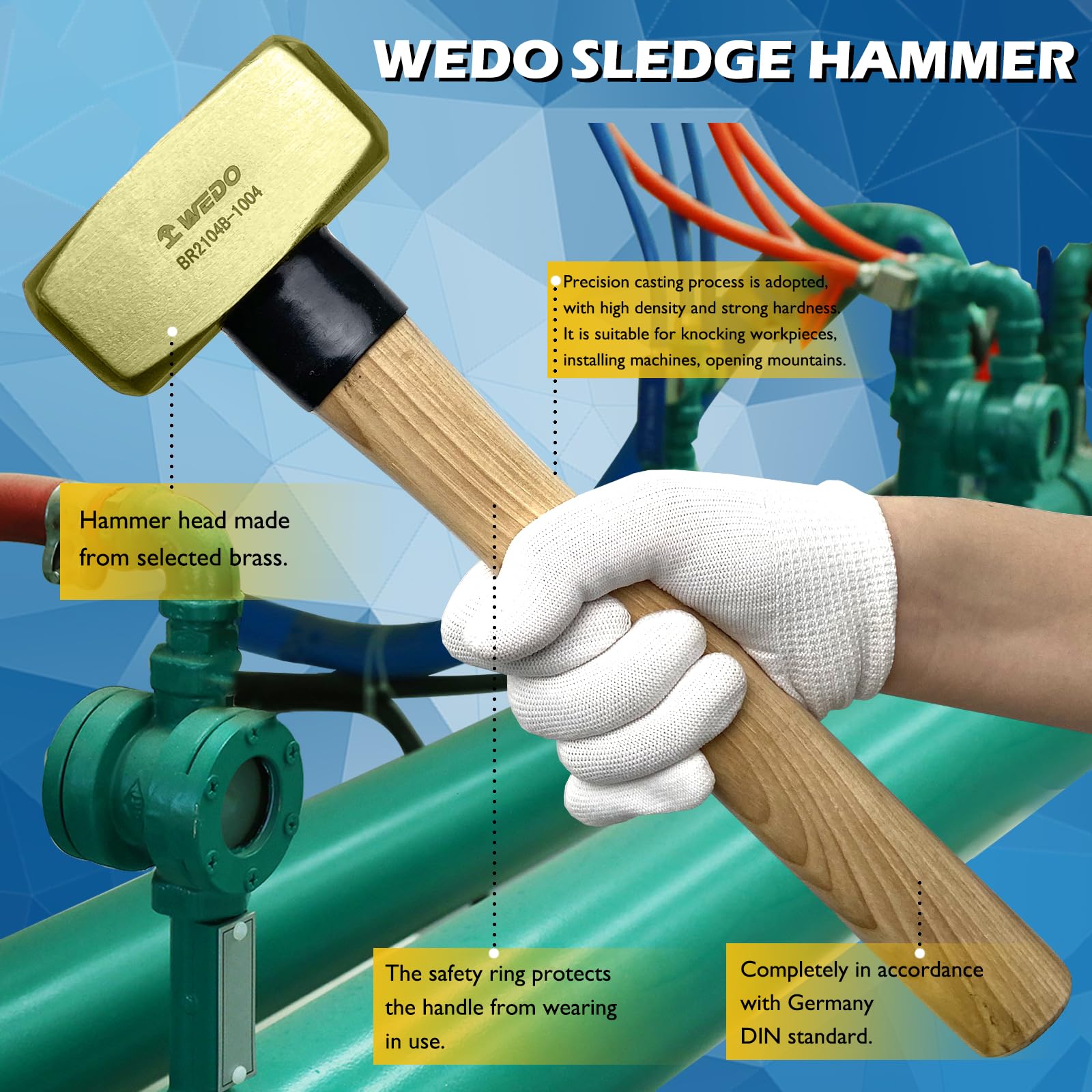 WEDO Martello da fabbro in ottone 1000g con Impugnatura Ergonomica legno 320mm