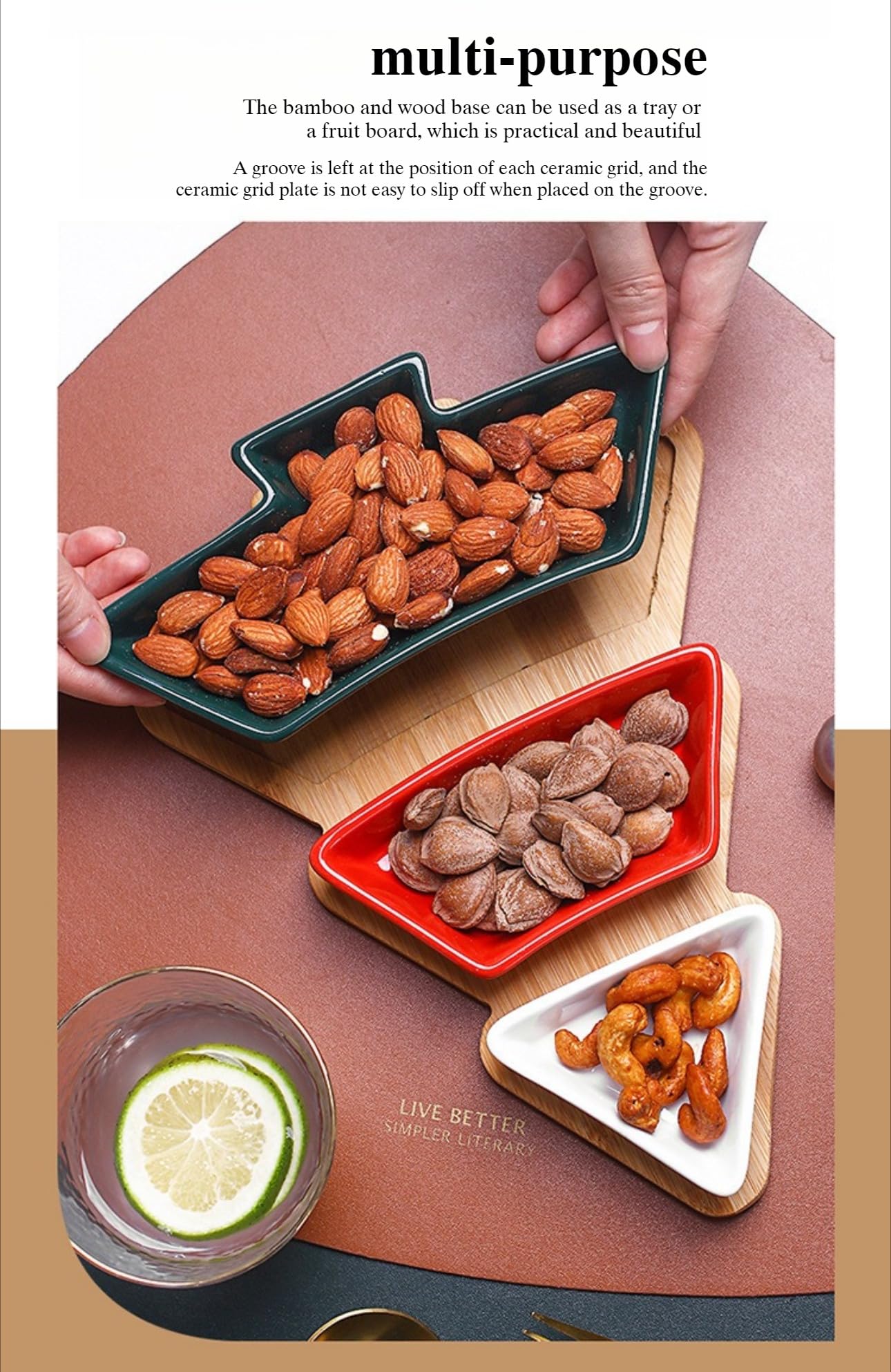 Nordic - Juego de bandejas de cerámica con forma de árbol de Navidad, plato de aperitivos de 3 compartimentos con base de bambú, verde, rojo y blanco, decoración festiva para el hogar