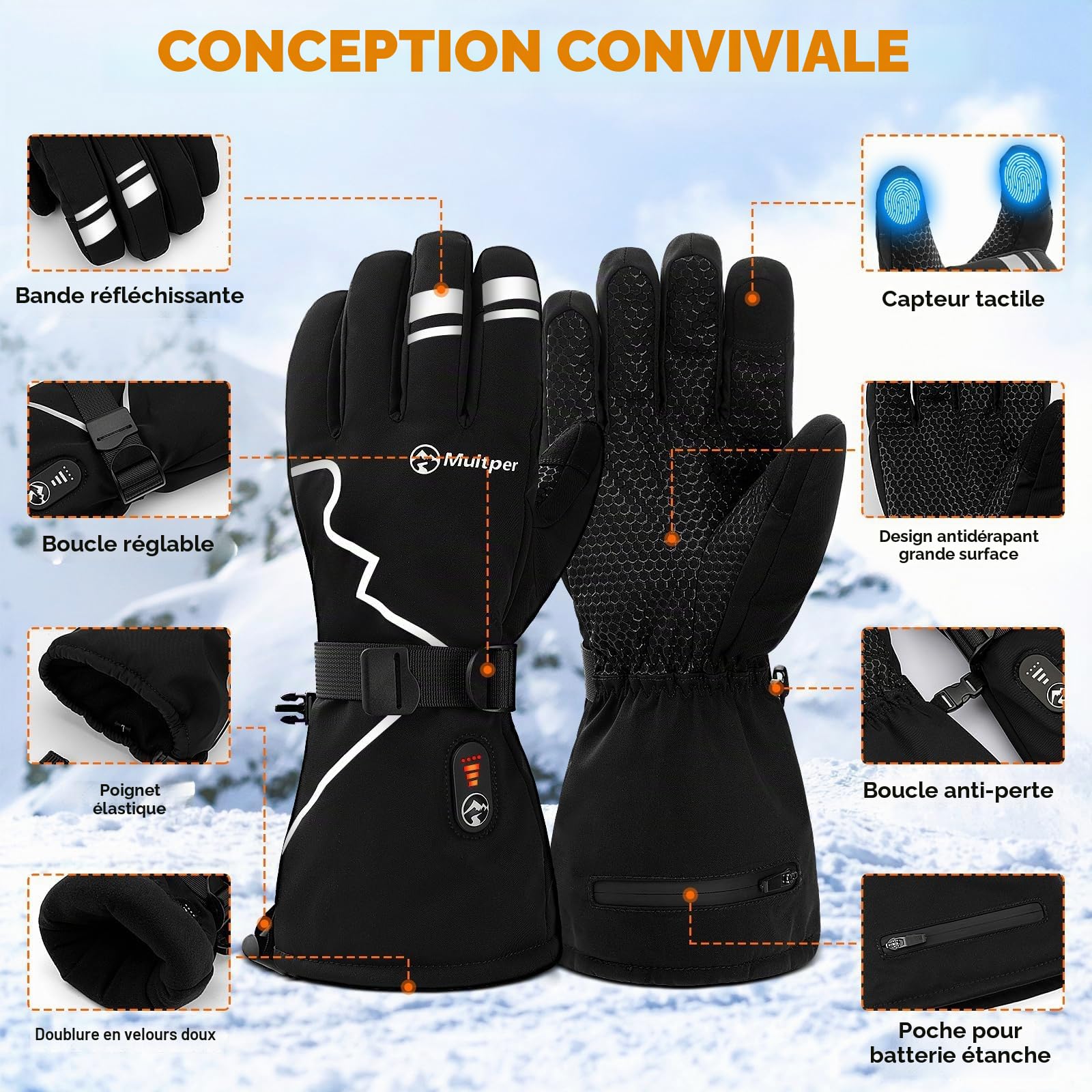 Multper Gants Chauffants Hommes Femmes, Gant Chauffant avec 7.4V 3000mAh × 2, 3 Niveaux de Chauffage, Imperméables, Écran Tactile, Gant Moto, Gant Hiver pour Hiver, Ski, Randonnée, Cadeau Homme