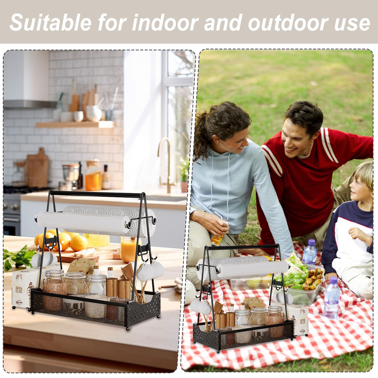 Grill Caddy für Camping,Picknick & Outdoor Edelstahl Campingzubehör Organizer,Schwarz Metall Tassenständer Gewürzregal,Kaffee Organizer Regal mit 4 Haken,Grill Utensilienbehälter
