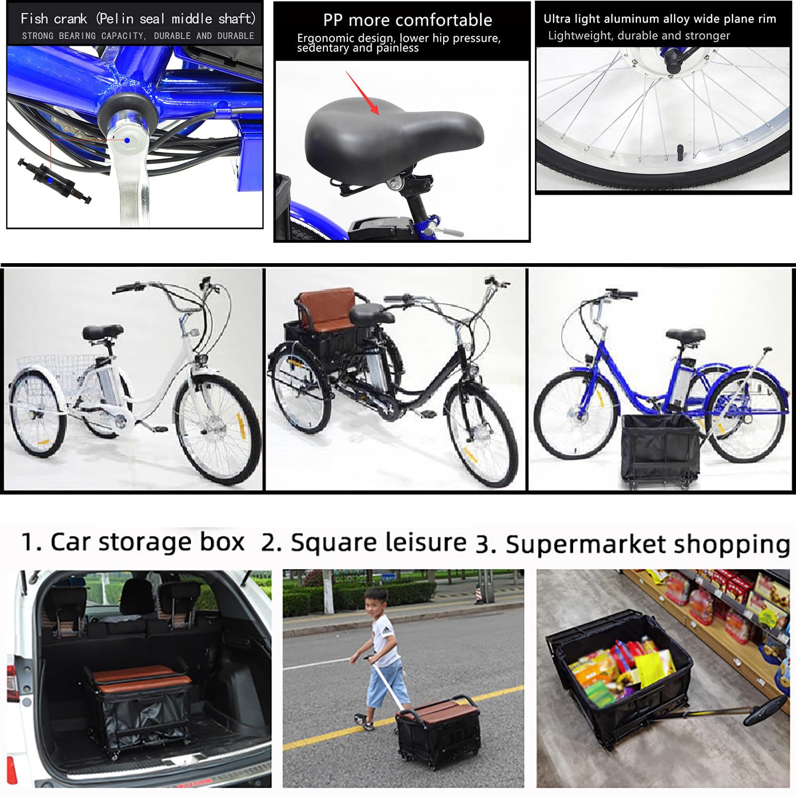 Tricicli Per Adulti Da 24", Triciclo Elettrico A 3 Ruote Per Anziani, Sedile Morbido - Altezza Regolabile (29,5-33,4''), Batteria Rimovibile Da 36V 12Ah - Autonomia 30 Km, Carico 150 Kg Black-Basket