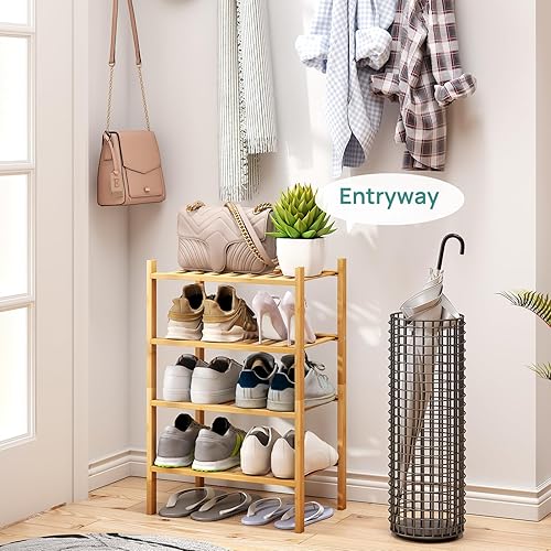 Vista 39 de Zapatero de bambú negro de 4 niveles para entrada, apilable, plegable, natural, organizador de zapatos para armario de pasillo, zapateros de pie