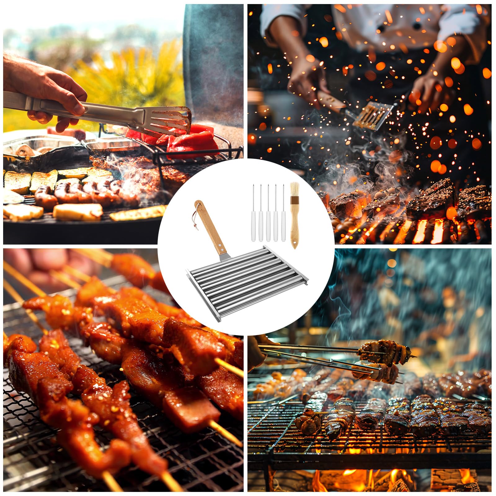 Hot Dog Roller für Grill, 24x18,5cm Edelstahl Wurst Grill Roller Wurstroller mit Grillspießbürste mit Holzgriff 5 Hot Dog Kapazität zum Gleichmäßigen Garen von Hot Dog Würstchen