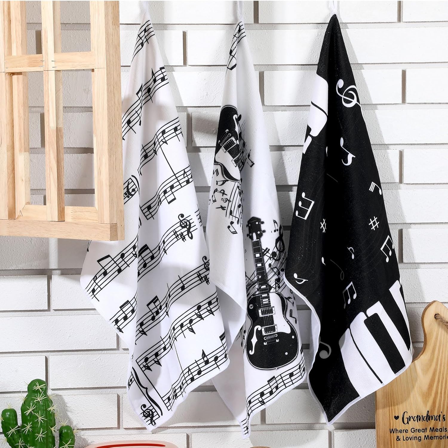 Sunnyray 6 Pcs Kitchen Towels Dish Cloths Nature Modern Absorbent Hand Tea Wash Cloth with Hanging Loop for Bathroom Home Farmhouse Kitchen Gifts (Unique Black White,Music Notes) - Image 2