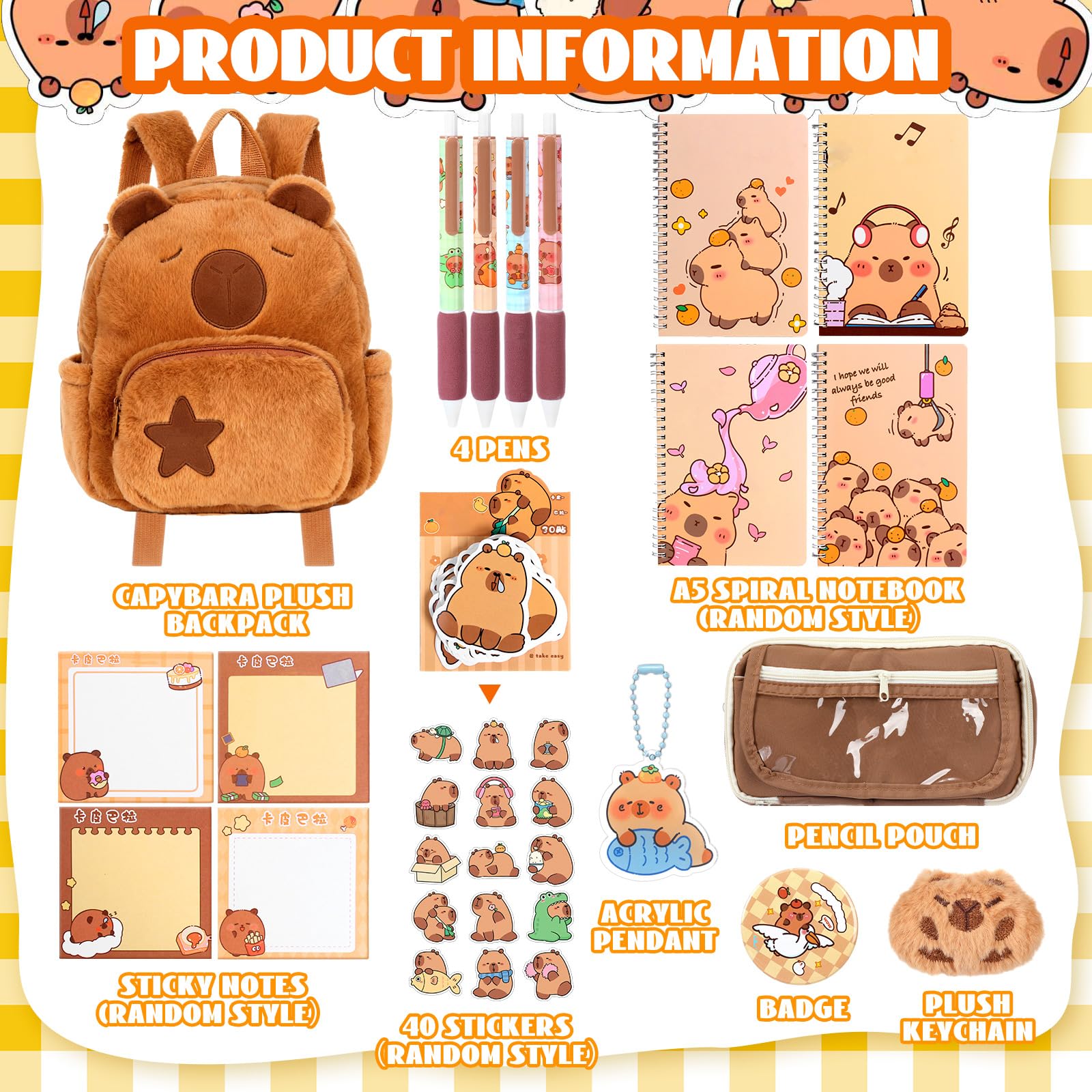 50 piezas de regalos de Capibara con mochila y juego de papelería, notas adhesivas, bolígrafos en espiral, broche, colgante para recompensas, regalo de cumpleaños