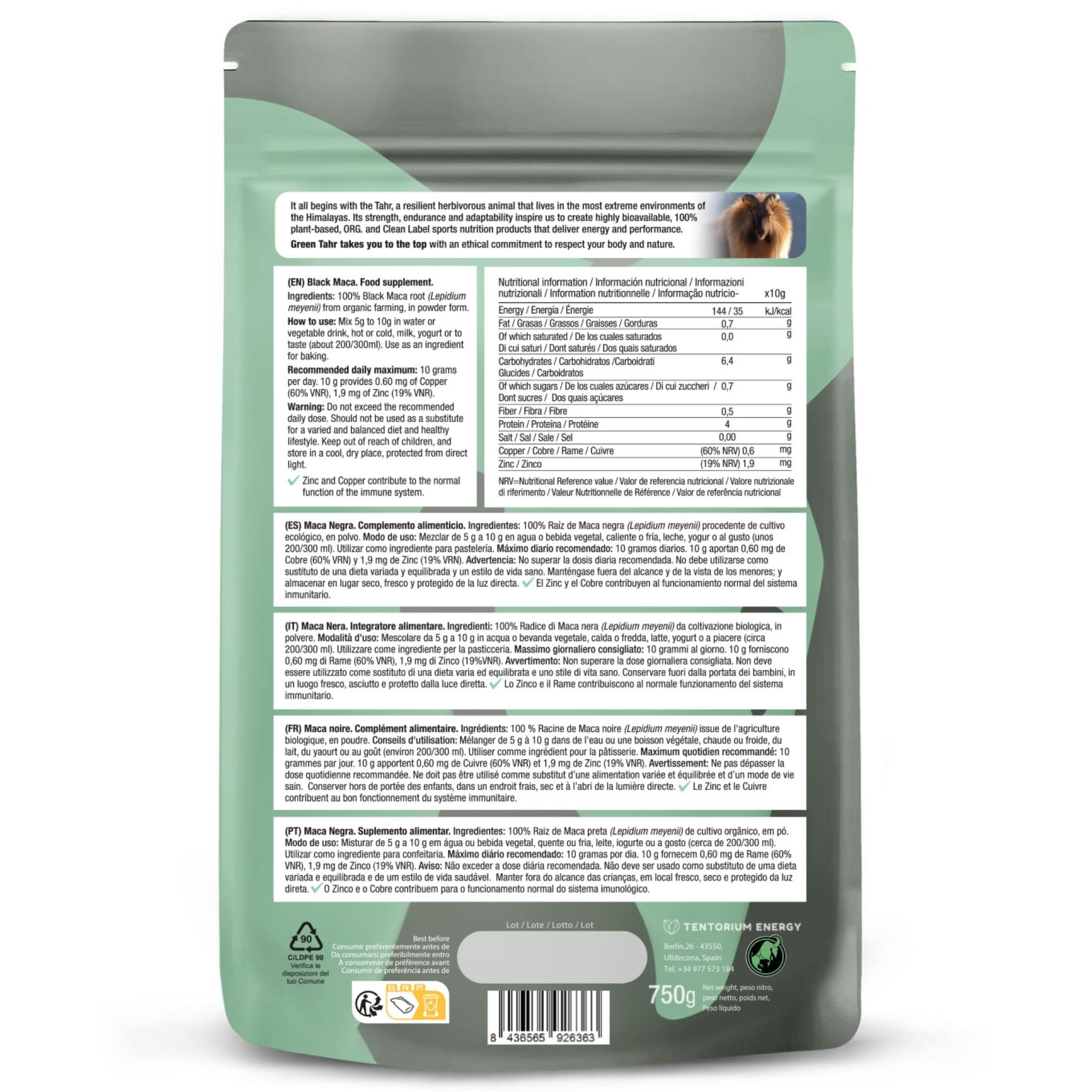 Green Tahr Maca Nera Peruviana in Polvere Bio 750g. 100% Pura estratta dalla Radice. Integratore Energizzante. Black Maca Root Powder Andina, Vegana e Senza Glutine