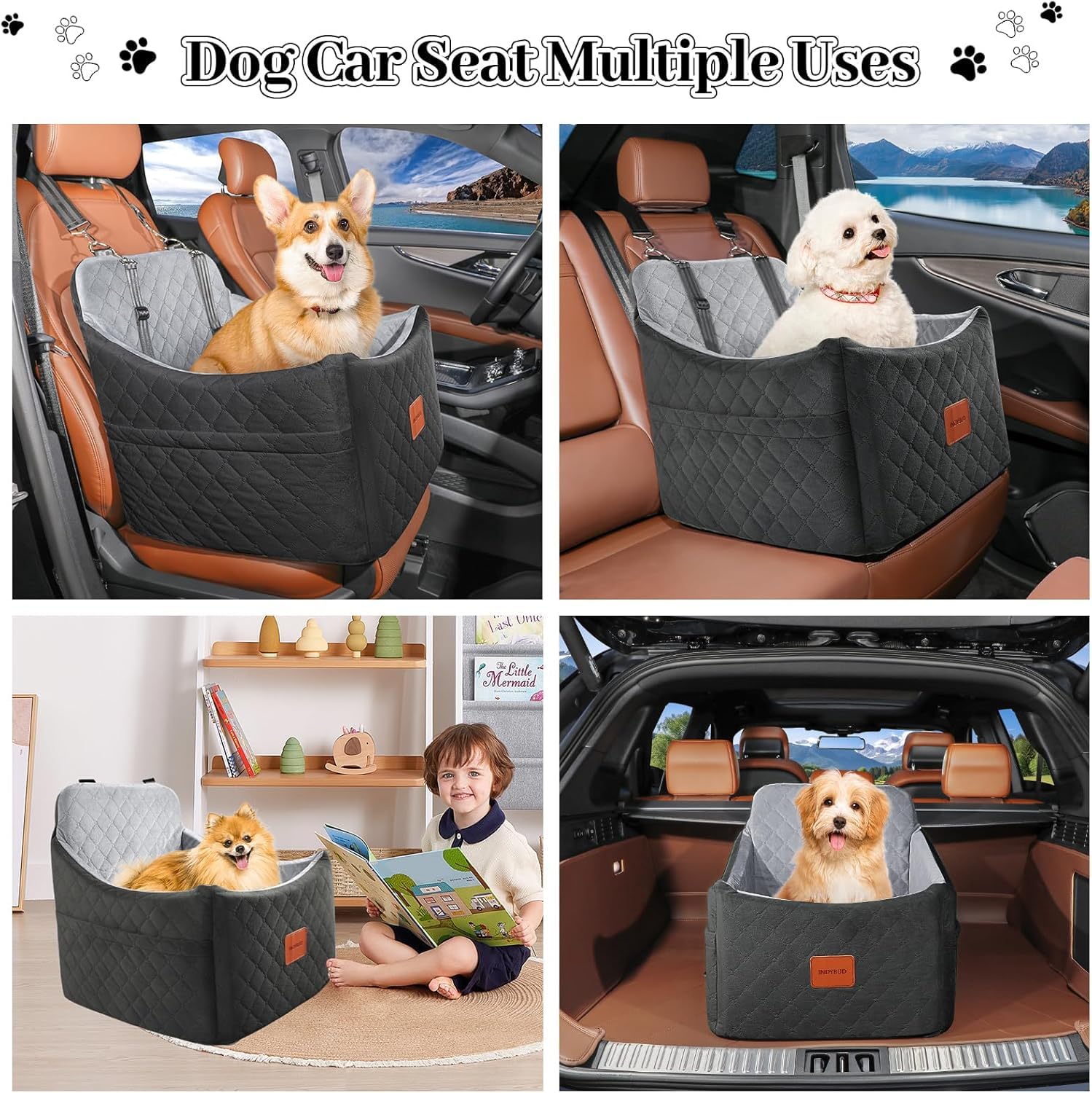 Dog Car Seat for Small Medium Dogs,Detachable Washable Dog Booster Seat Under 35lbs, Pet Car Seat Travel Bed with Storage Pockets and Safety Belt (Black/Grey, Medium) - image 7