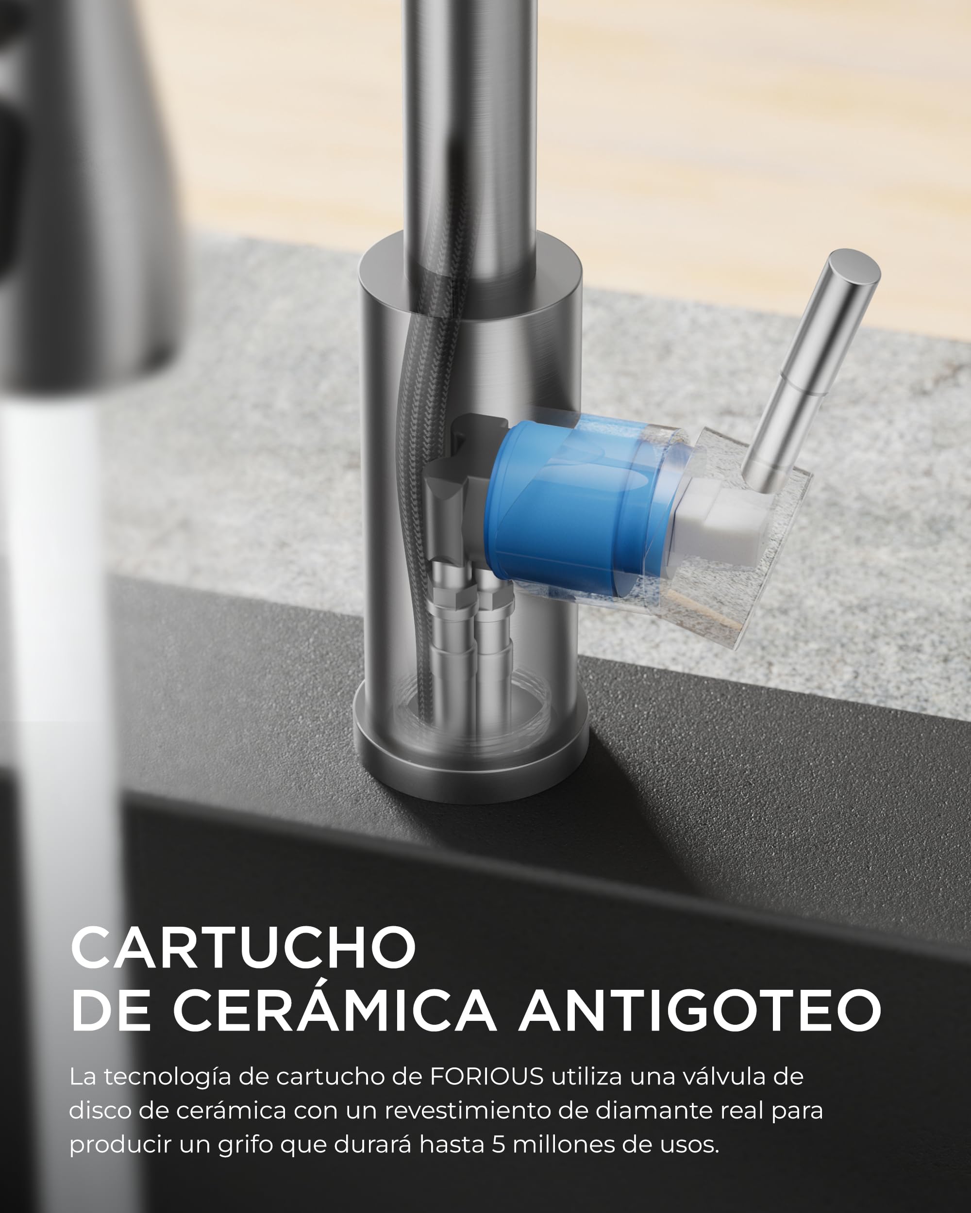 FORIOUS Grifo cocina con dispensador de jabón, Grifo Cocina Extraíble con 2 modos de rociado, mezclador monomando para agua caliente y fría, Acero Inoxidable