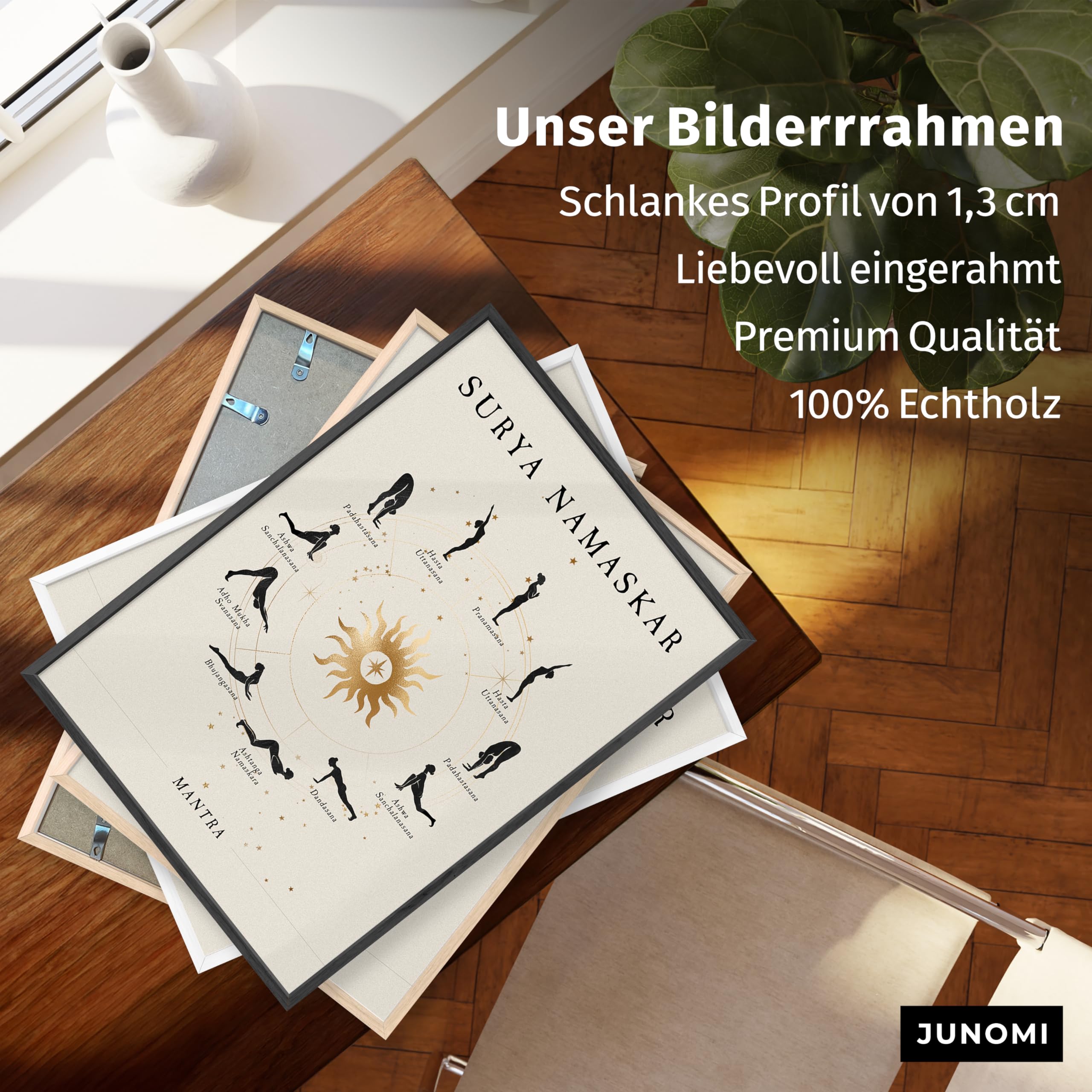 JUNOMI® Sonnengruß Poster DIN A2 Rahmen Natur | Yoga Sonnengruß | Boho Wanddeko fürs Yogastudio und Schlafzimmer, der vollständige Ablauf im Kreis um eine goldene Sonne