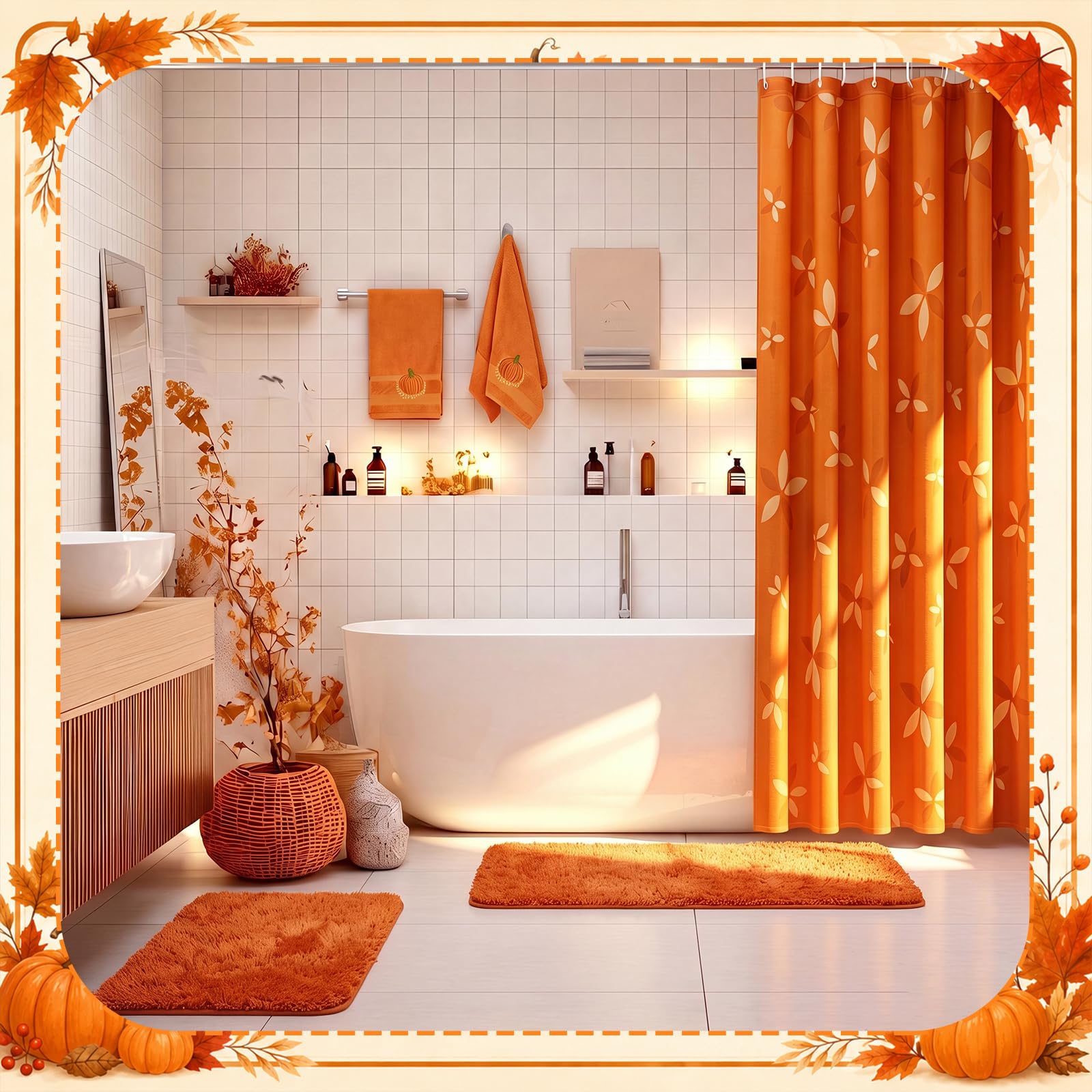 Frienda Duschvorhang-Set mit Teppichen und Handtüchern, Herbstblätter, Badezimmer-Duschvorhang mit Haken, rutschfest, saugfähig, Mikrofaser, Kürbis-Badetücher für Herbst, Badezimmer, Dekoration