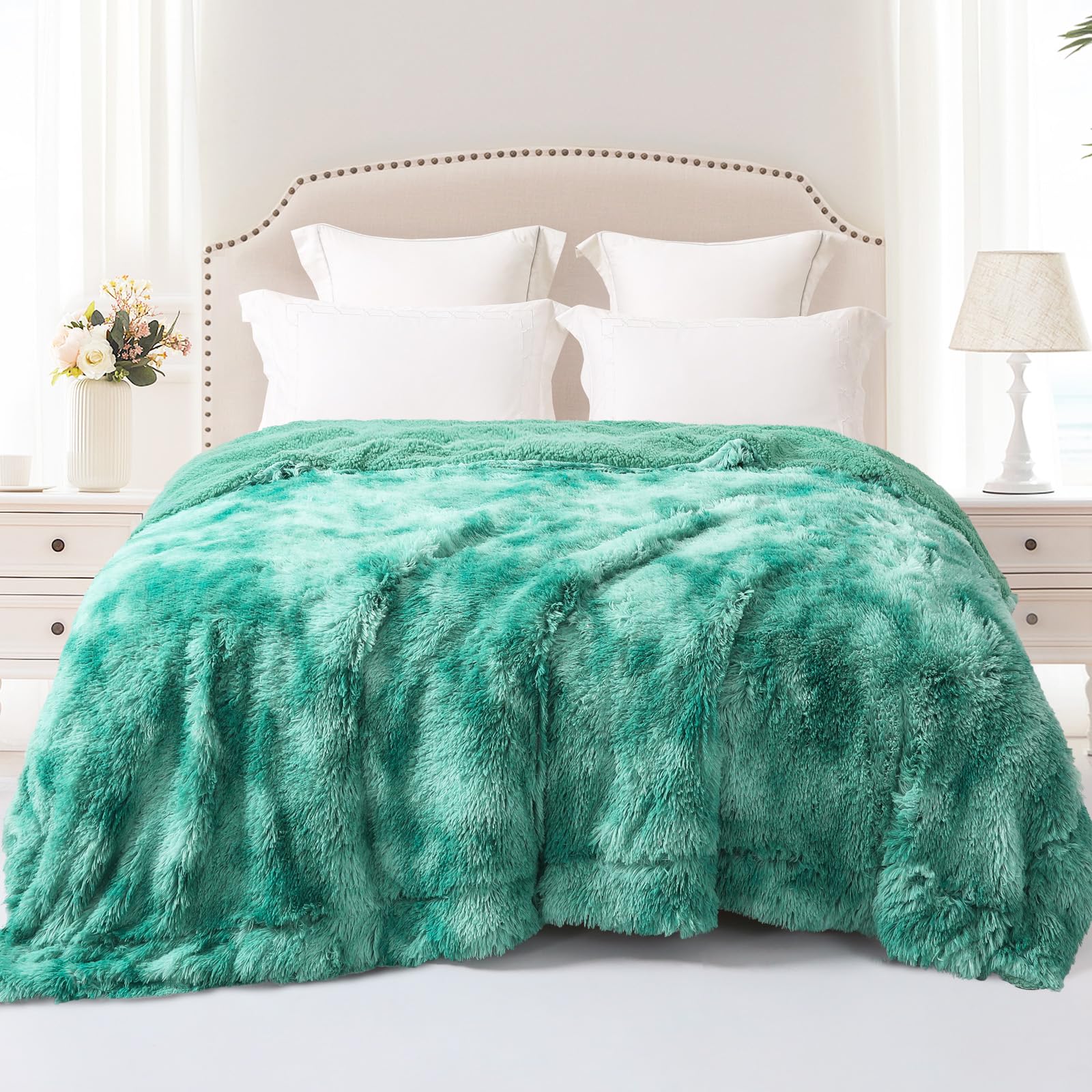 Exclusivo MezclaQueen Size Faux Fur Bed Blanket, Super Soft Fuzzy and Plush Reversible Sherpa Fleece Blanket and Warm Blankets for Bed, Sofa, Travel, 90X90 inches, Teal