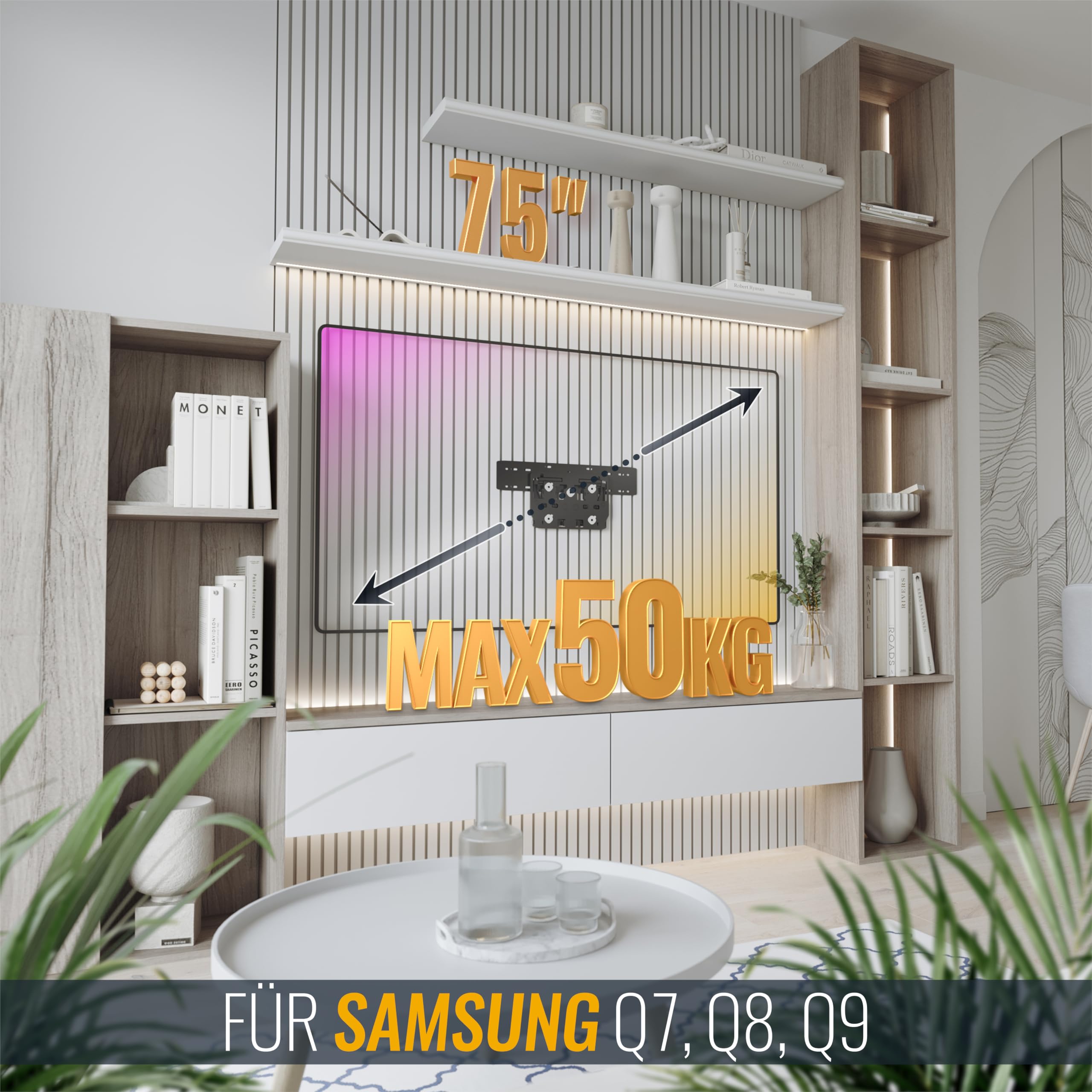 Soporte TV Pared No-Gap Fijo Inclinable RICOO SQ75 Compatible con Samsung Q7 Q8 Q9 QLED Television de 75" Pulgadas (190/191cm) Extra-Plano