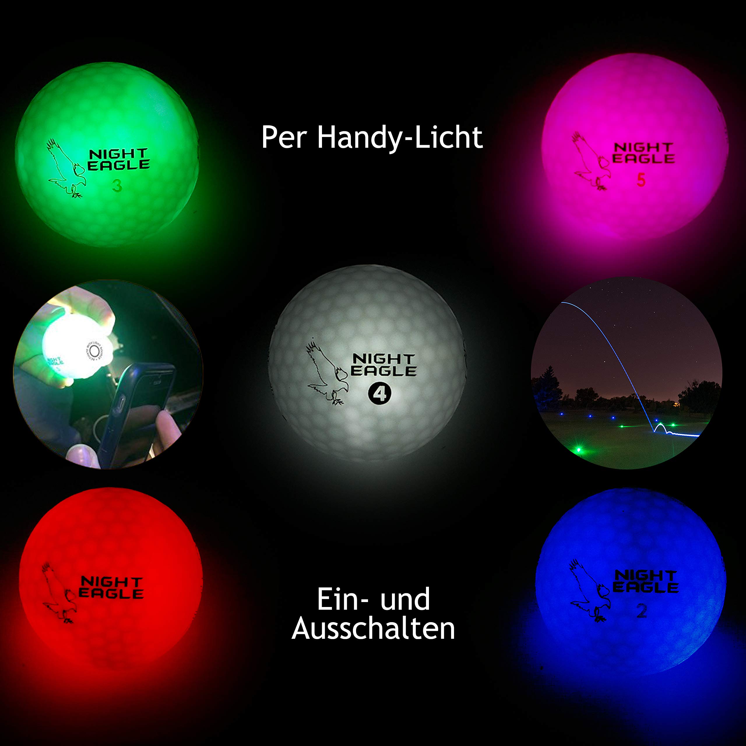Night Eagle 6 LED Golfbälle Light-Up - Nachtgolf leuchten Rot Blau Grün Pink Weiß Fun Sport Lustig Golf Geschenk Bunt