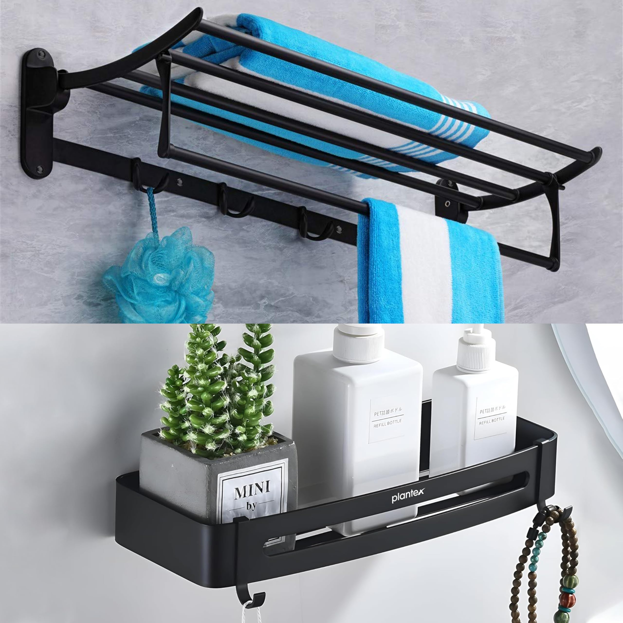 Plantex Folding Towel Rack with Fix Towel Rod/Bathroom Organizer/Towel Hanger with Hook/Bathroom Shelf for Wall/Bathroom Accessories – Combo (Black) (B0D8FC44ZV) Amazon Price History, Amazon Price Tracker