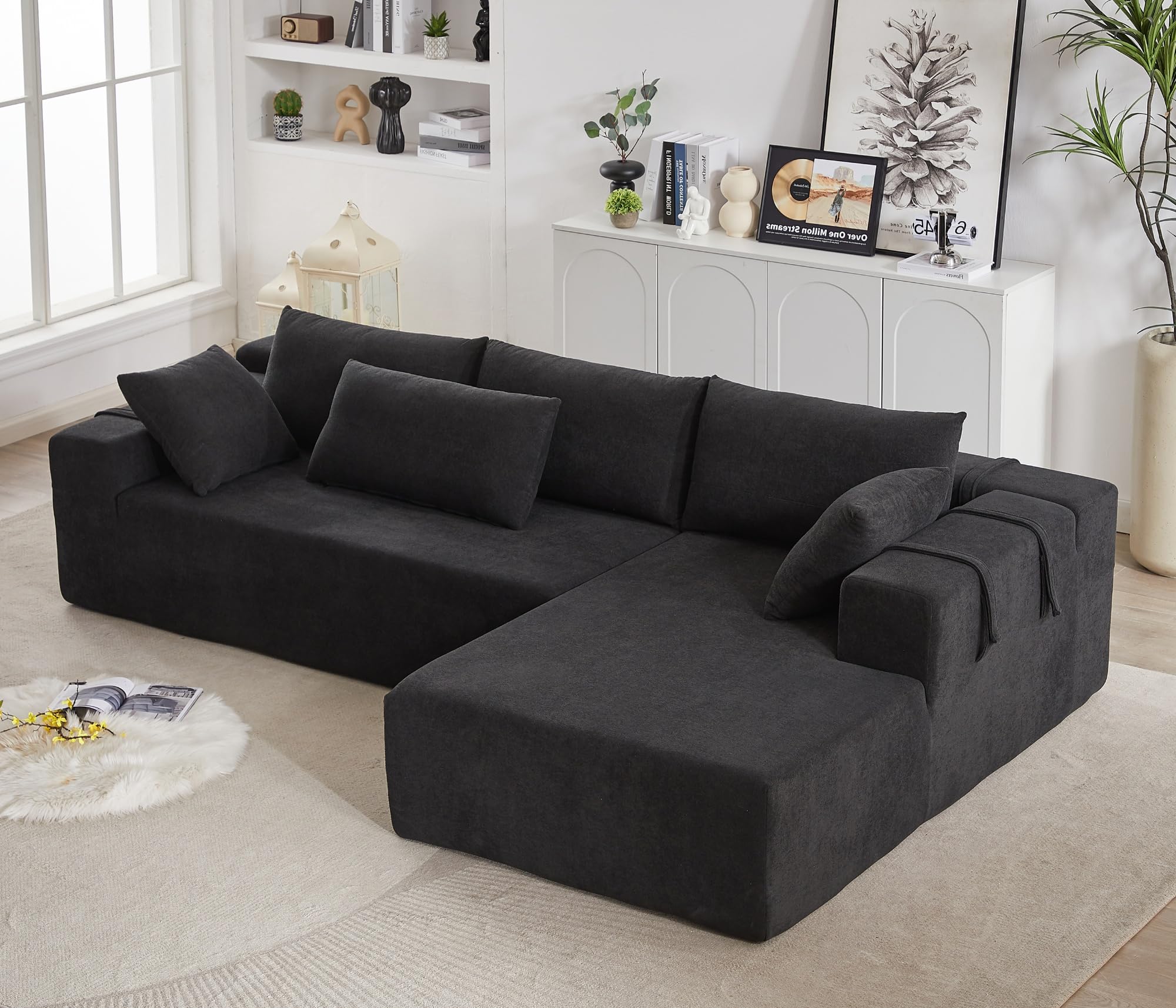 KEIKI 108 inch L Shaped Chenille Modular Sectional Couch in black, configured with a right chaise