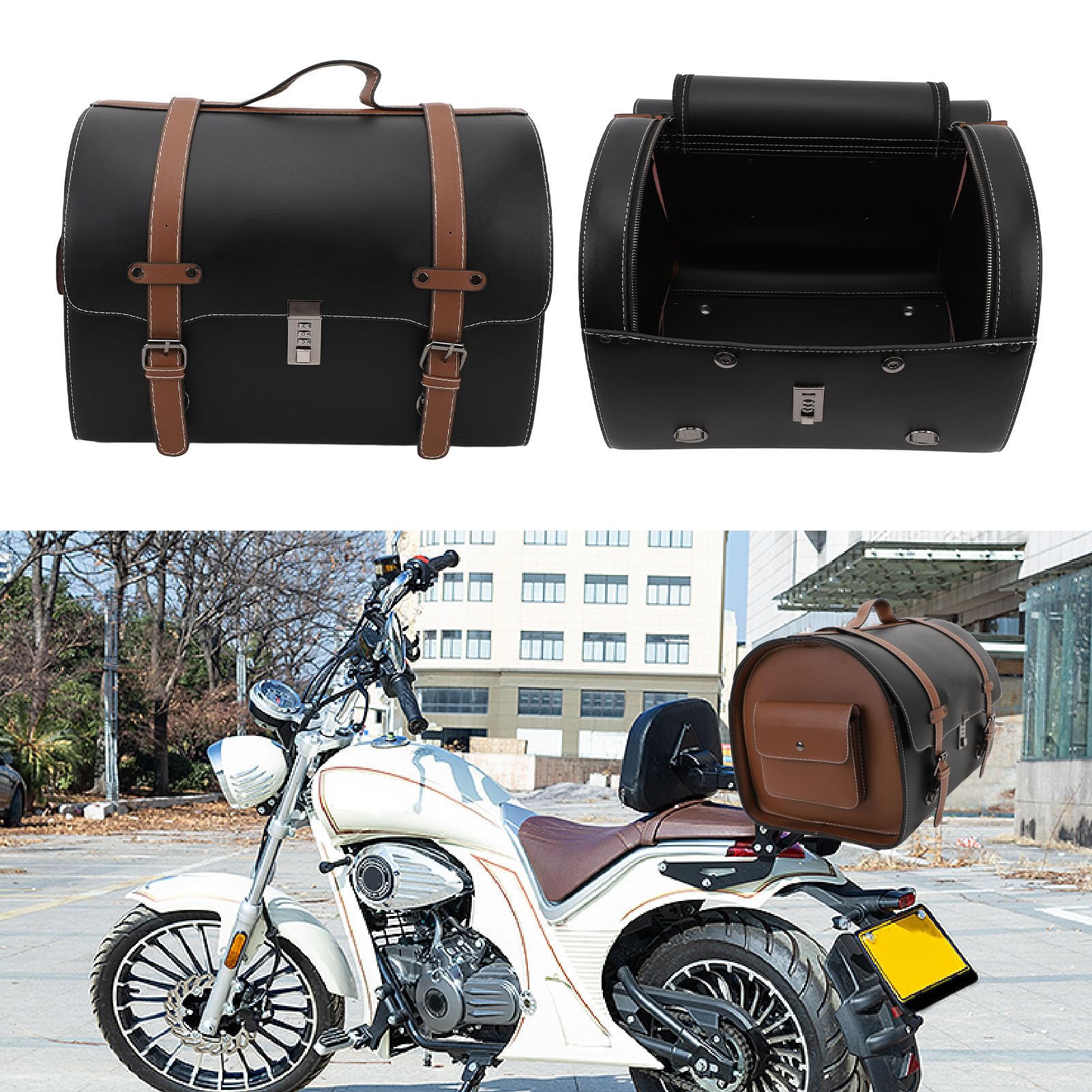 Acouto 29,5 L Motorrad-Hecktasche, Universal-Roller-Gepäcktasche mit Schnellverschluss-Design und C-Motorrad-Hecktasche aus Leder, Gepäckträgertasche. (Schwarz mit braunem Band)