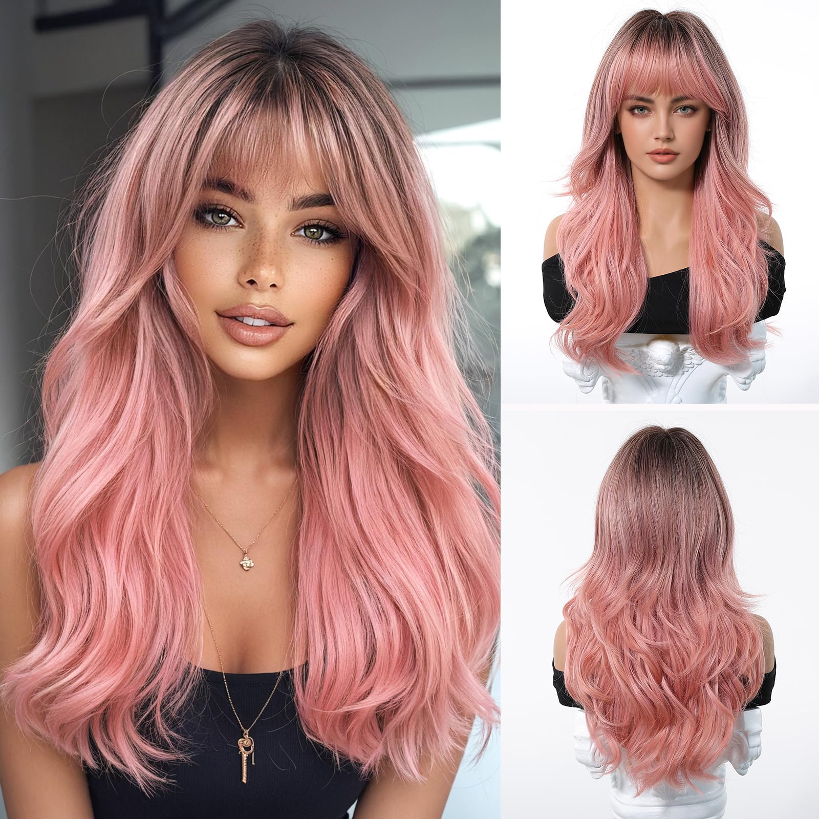 Esmee Long Wave Ombre Pink Wig for Women with Curtain Bangs Natural Synthetic Hair Wigs for Daily Party Use