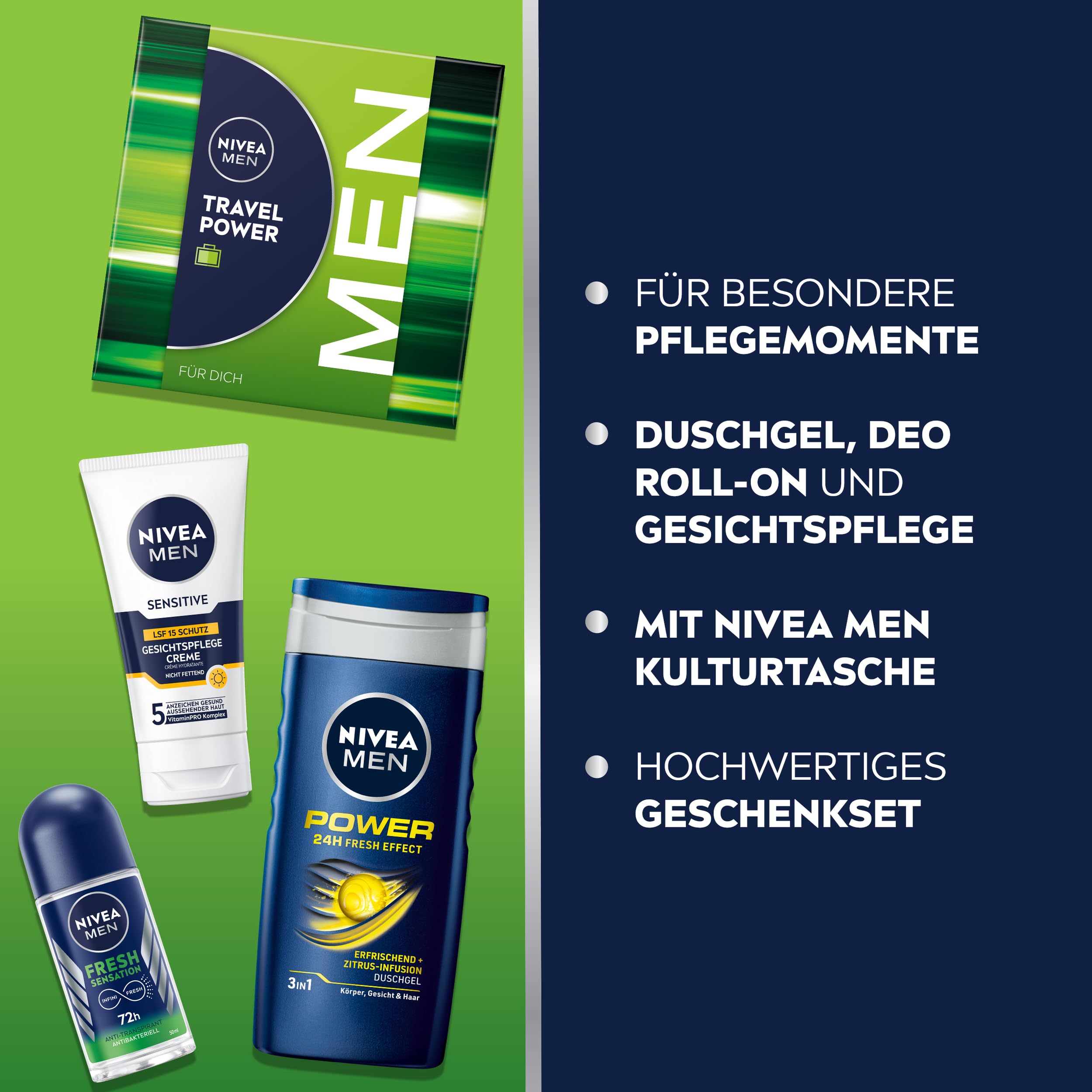 NIVEA MEN Travel Power Geschenkset, Pflegeset mit Pflegeprodukten für unterwegs, Set mit NIVEA MEN Duschgel, Deo Roll-on, Gesichtspflege Creme und Kulturtasche