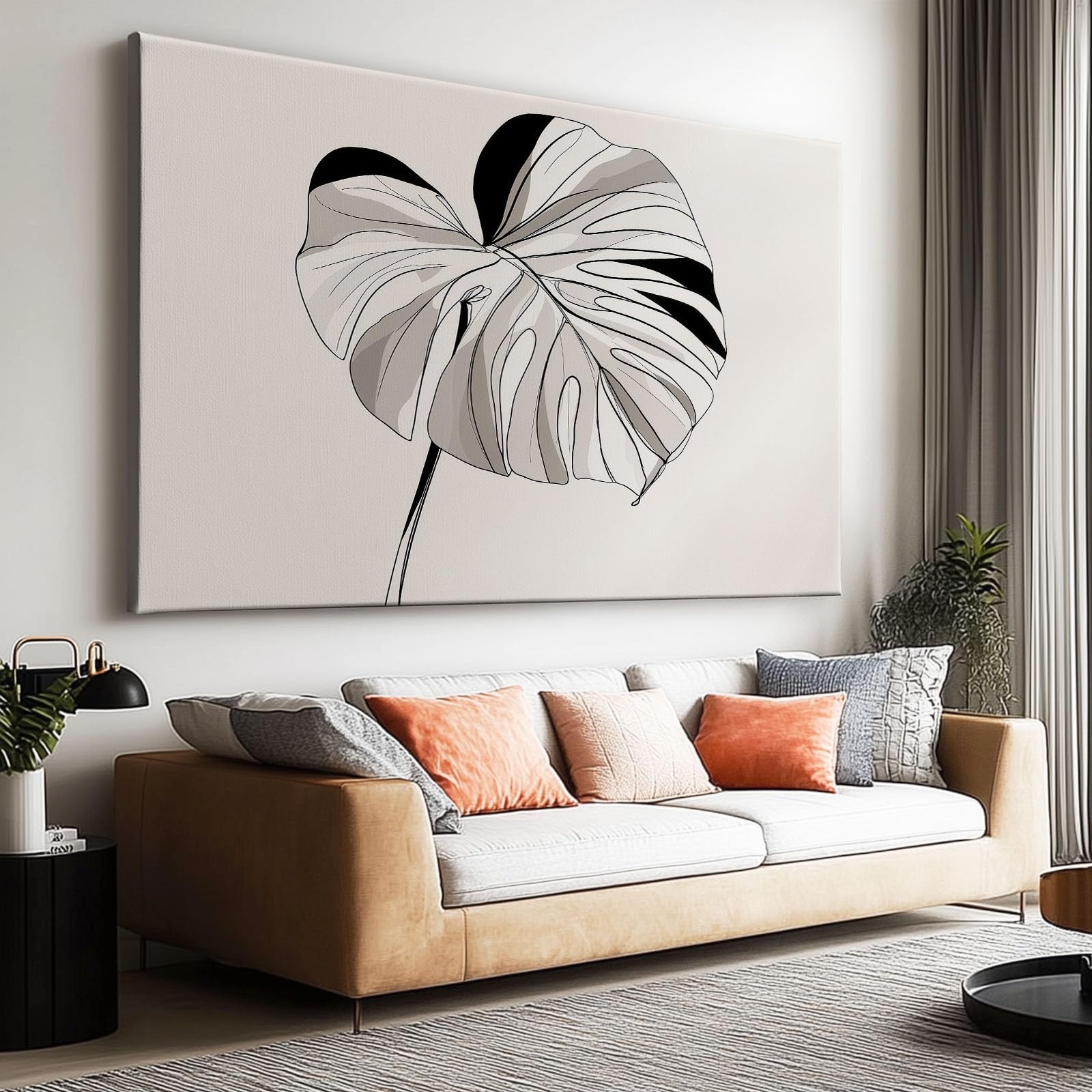 Vintage Pflanzen Monstera Blatt Streifen Modernes Leinwandbild 90L x 60B cm mit Rahmen, Minimalistisch XXL Wanddeko für Wohnzimmer Geschenk Idee Einzug - Hochwertiger Kunstdruck auf Holzrahmen