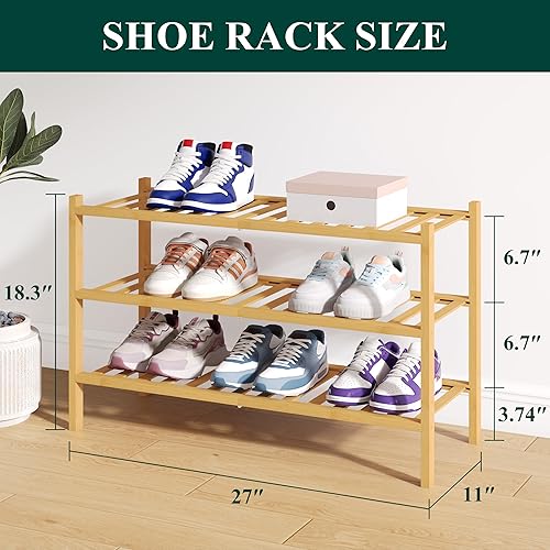Miniatura 2 de Smiry Zapatero de bambú para armario, organizador de zapatos apilable de madera de 3 niveles, estante de almacenamiento de zapatos para entrada,