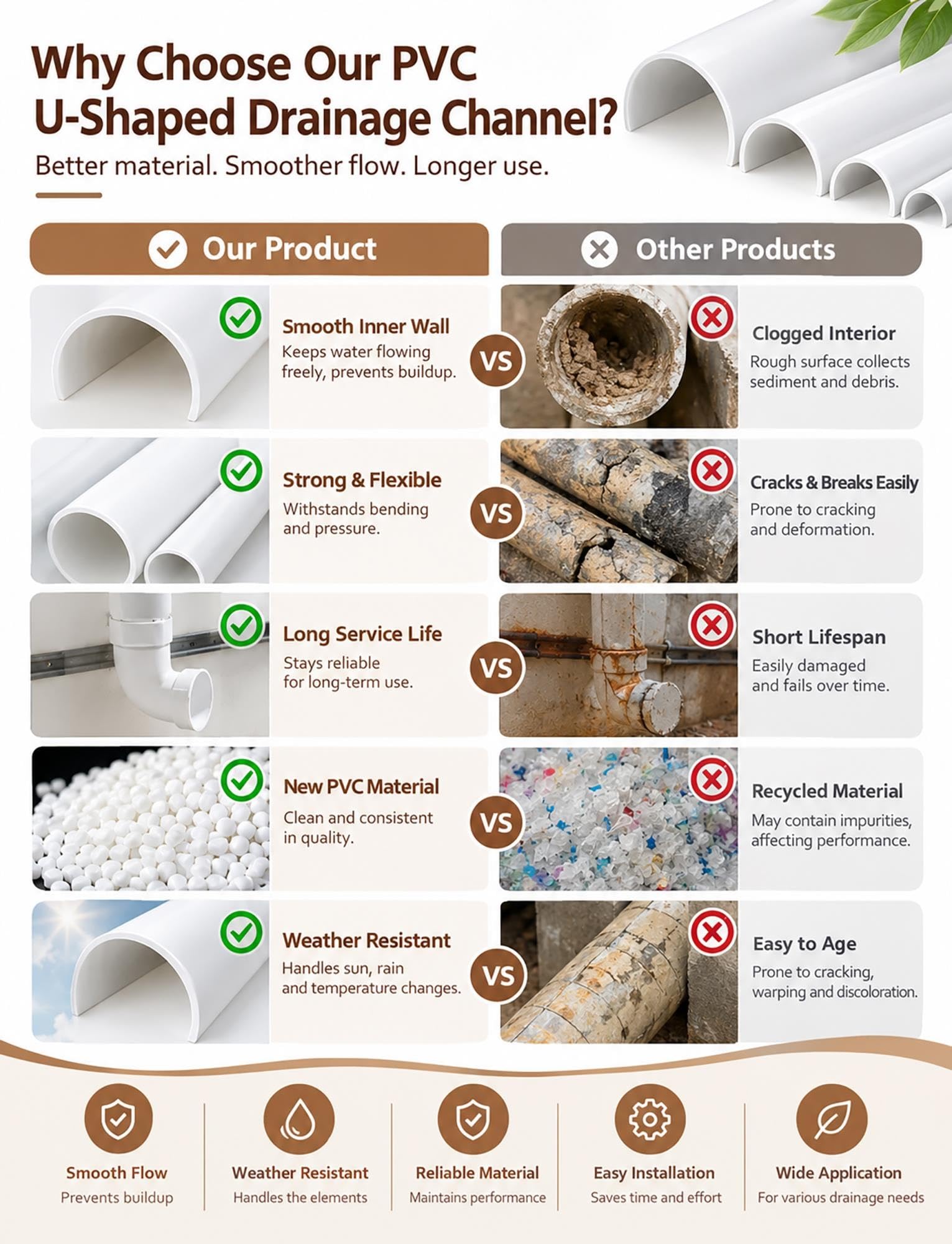 Canal PVC semicircular 100cm de longitud para tejados y drenaje DIY