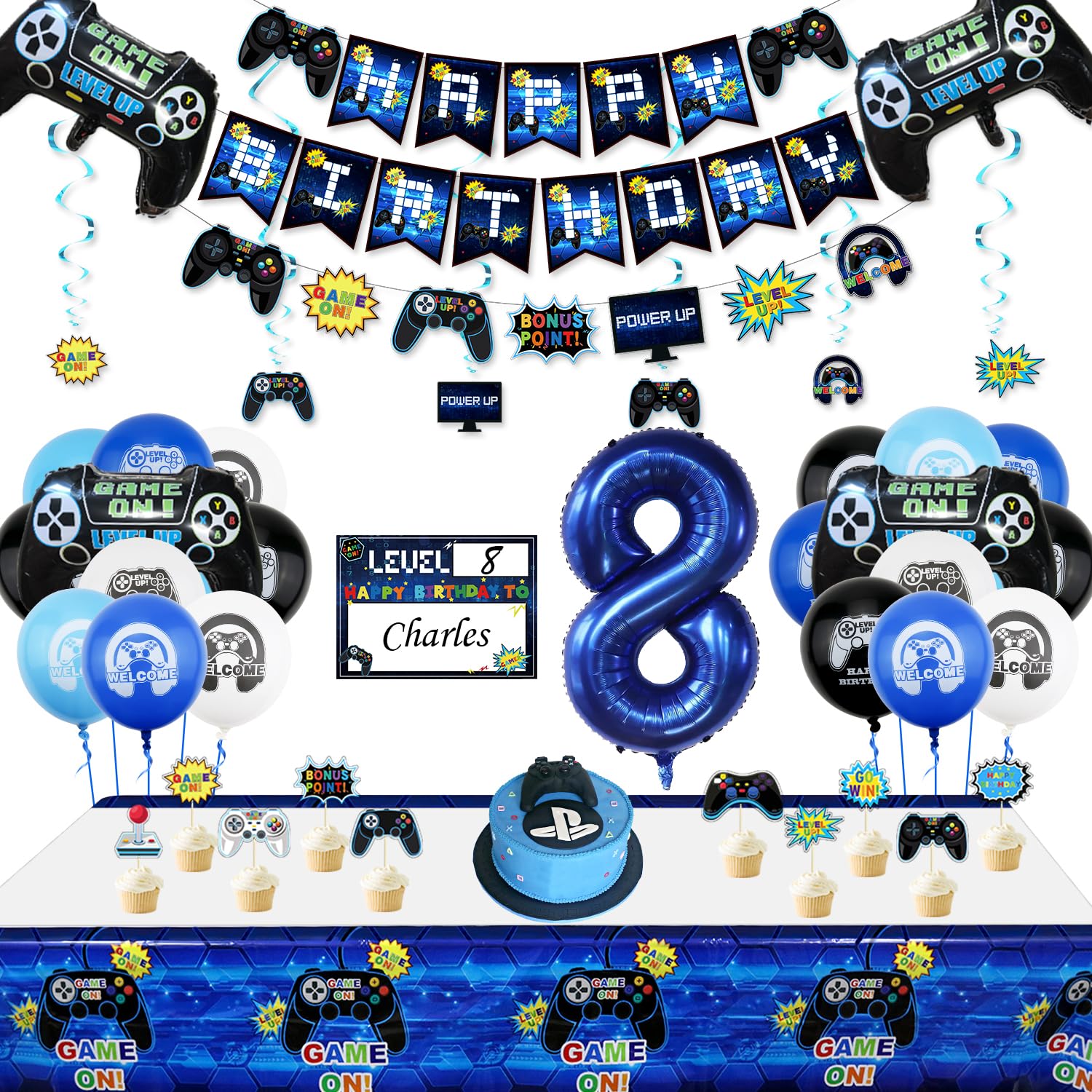 Video Game Party Decorations - 8th Birthday Decorations for Boys, HAPPY BIRTHDAY Banner, Video Game Balloons, Number 8 Blue Balloons, Gaming Hanging