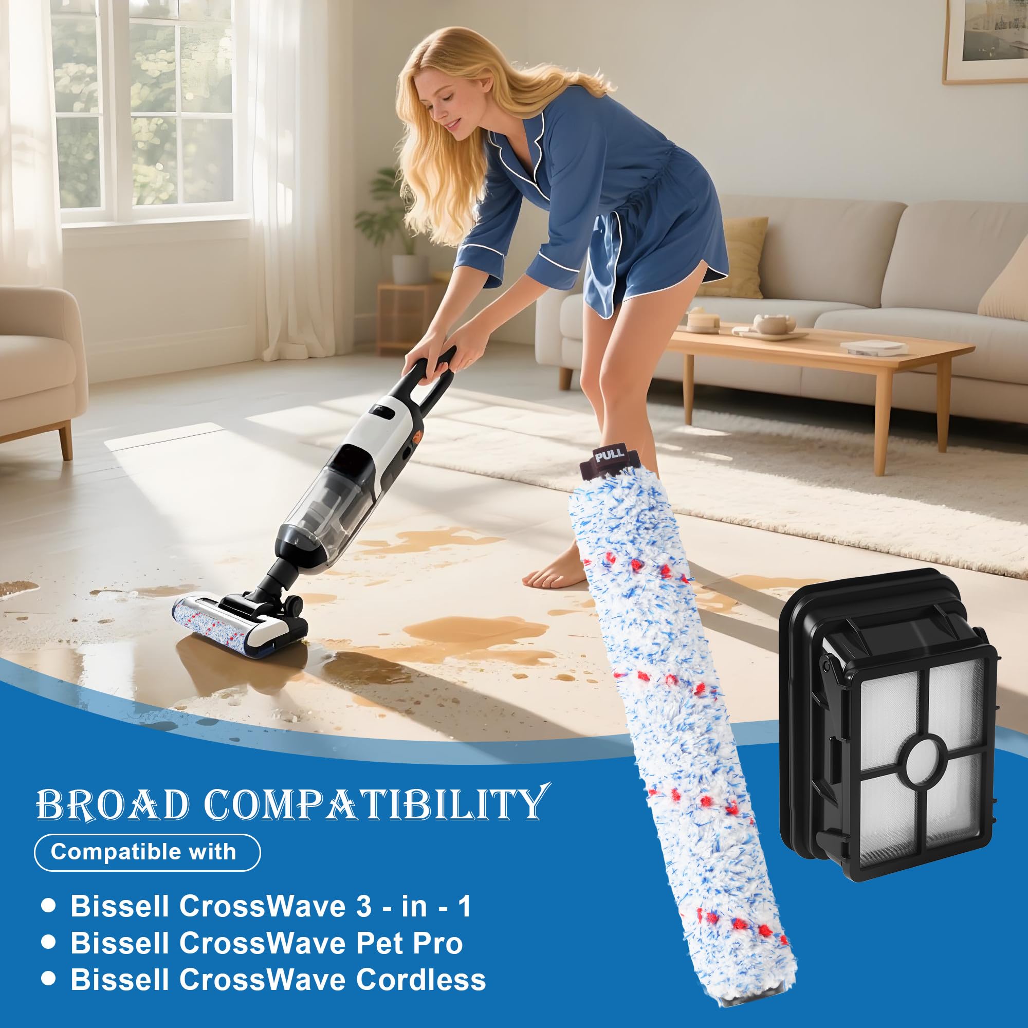 BUCOMTU Accessoires voor Bissell CrossWave 3-in-1, met 3 vloerborstels 3 filters 1 reinigingsborstel, compatibel met Bissell 17132 2582N 2225N 1785 -serie stofzuiger