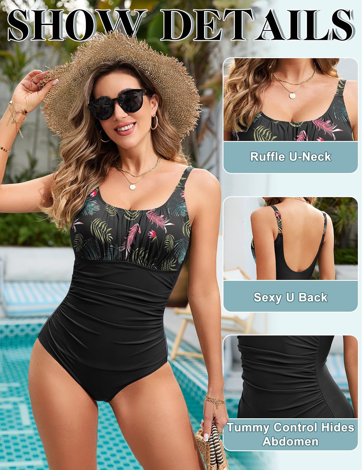 RITOSTA Costume Intero Donna Contenitivo Pancia Costumi Piscina Mare Costume Curvy Costume da Bagno Donna Push up Monokini con Swimwear Imbottito Scollo a U Schiena Bassa