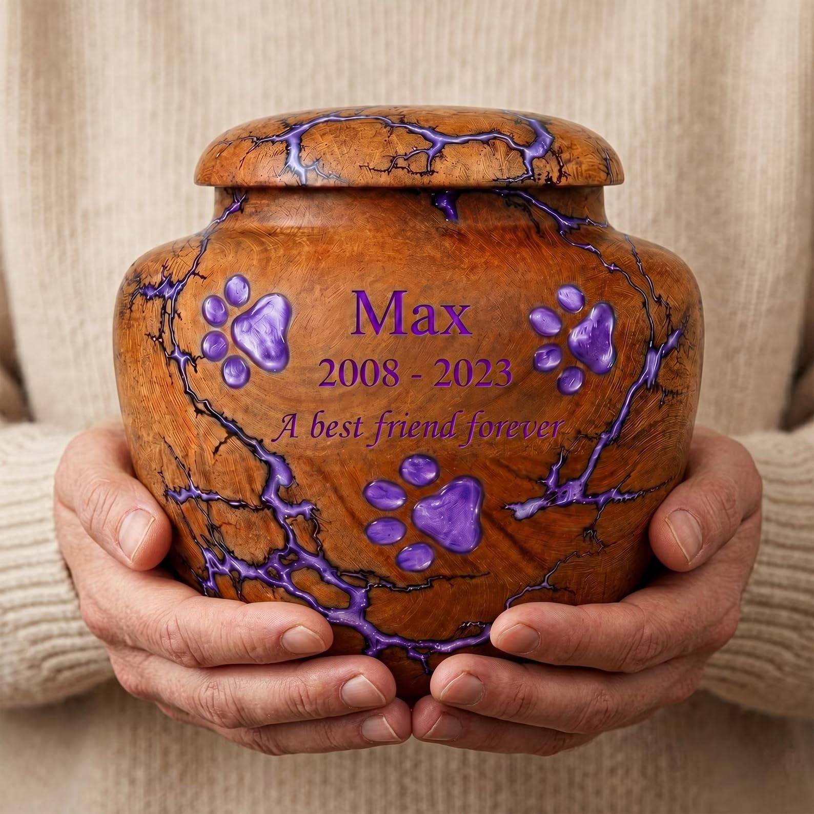 Emporium Crafts Personalized Wooden Cremation Urn - Rosewood Paw Resin Design Engraved Urns - Pet Urns for Ashes - Dog Urn, Memorial Keepsake Urn (Purple)