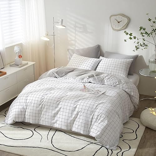 Miniatura 3 de VClife Funda de edredón de algodón individual XL, juego de ropa de cama a cuadros tamaño individual XL, estilo simple, blanco y gris, funda de