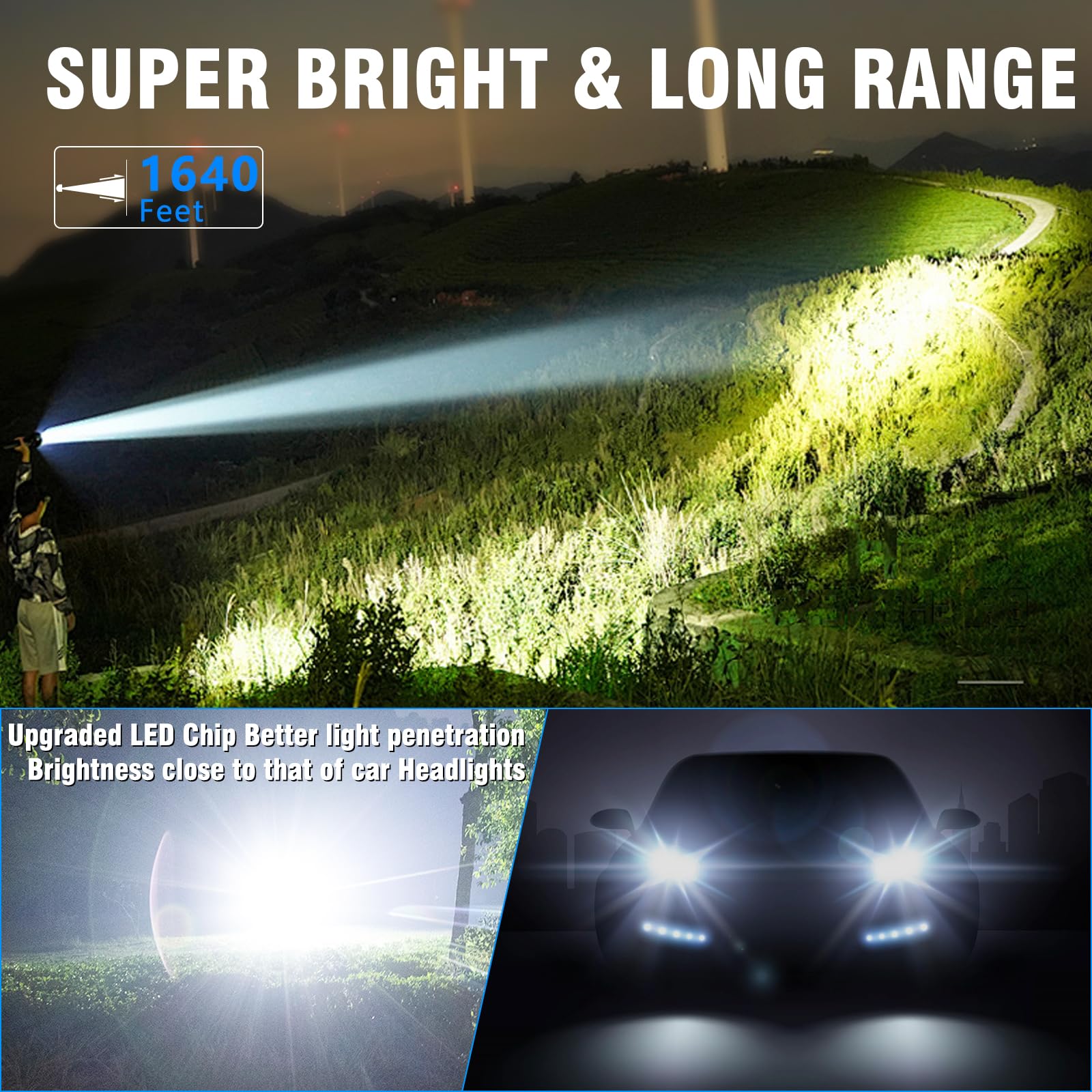 Lampe de poche LED, haute puissance 50 000 lumens, lampe de poche tactique super lumineuse, lampes de poche rechargeables, 6 modes zoomables, étanches, pour urgence, extérieur, maison, camping,