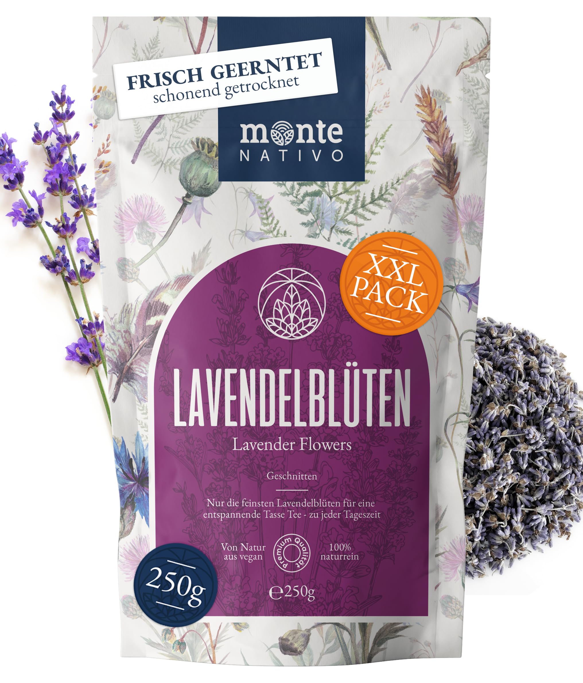 Lavendel getrocknet Monte Nativo (250g) - Lavendelblüten für Lavendeltee - Tee lose 100% natürlich und ohne Zusatzstoffe - Aromatischer Kräutertee für einen köstlichen Aufguss