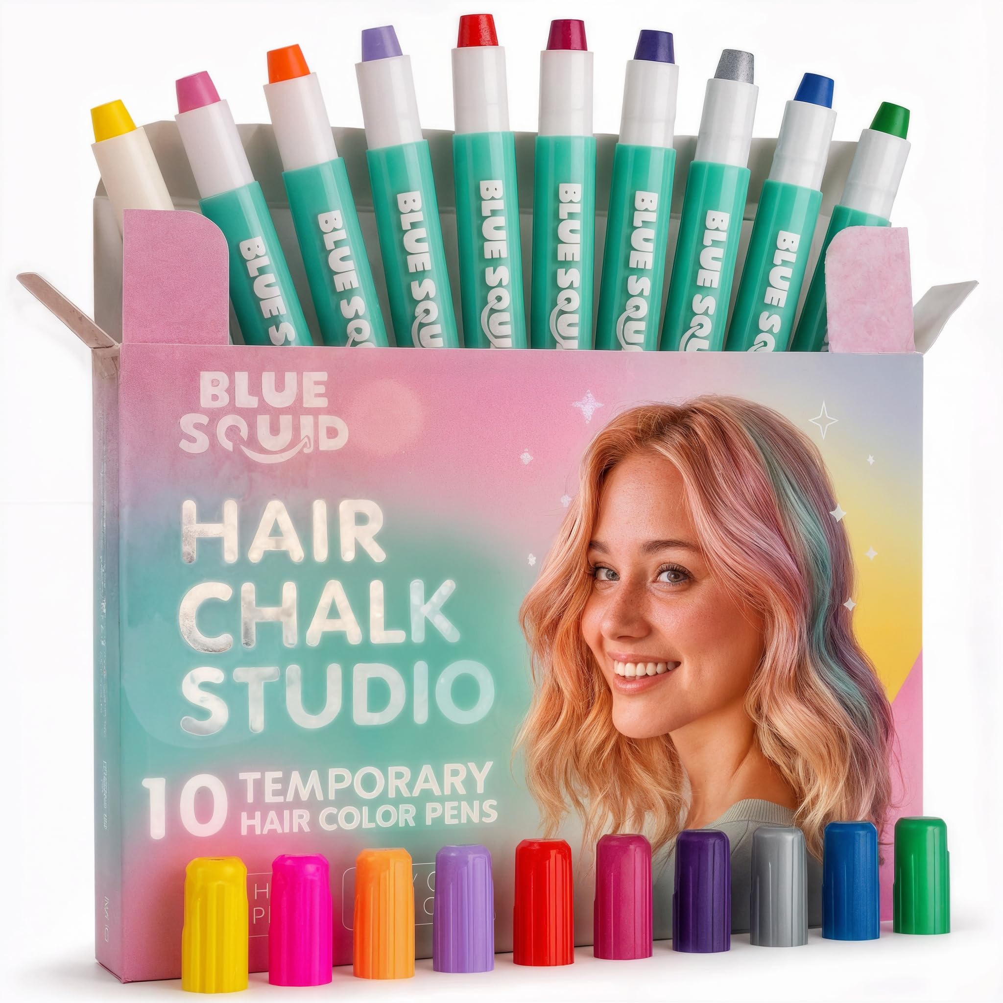Blue Squid Hair Chalk for Girls Pens – 10 Vibrant Temporary Hair Colour Chalks for Kids - Ideal Christmas, Birthday Gifts for Girls & Teens - Kid Safe, Washable Hair Dye for Ages 6 7 8 9 10 11 12