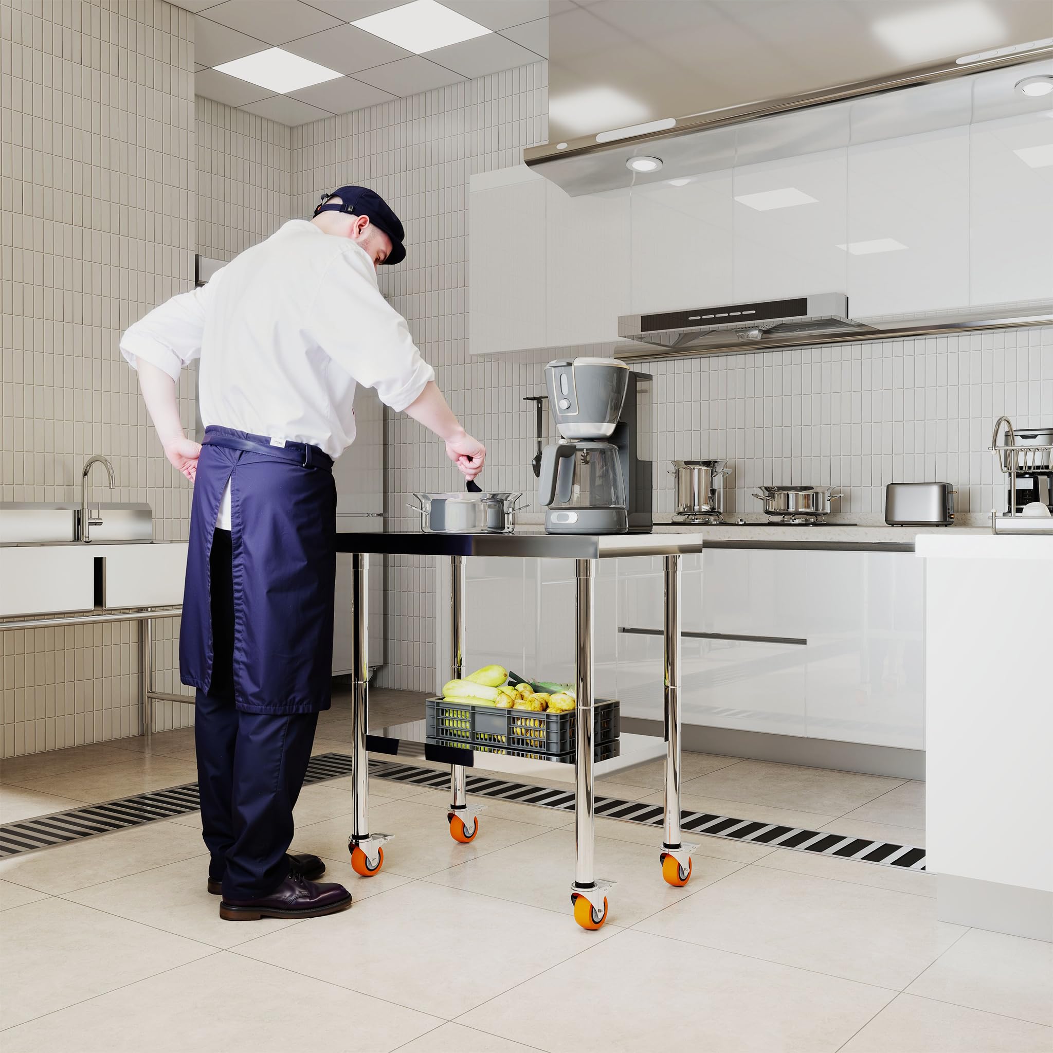 FIVMEN Tavolo da lavoro in acciaio inox, 76 x 46 x 85 cm, catering, tavolo da cucina con ruote, per gastronomia, in acciaio inox, doppio strato, per cucina, bar, ristorante