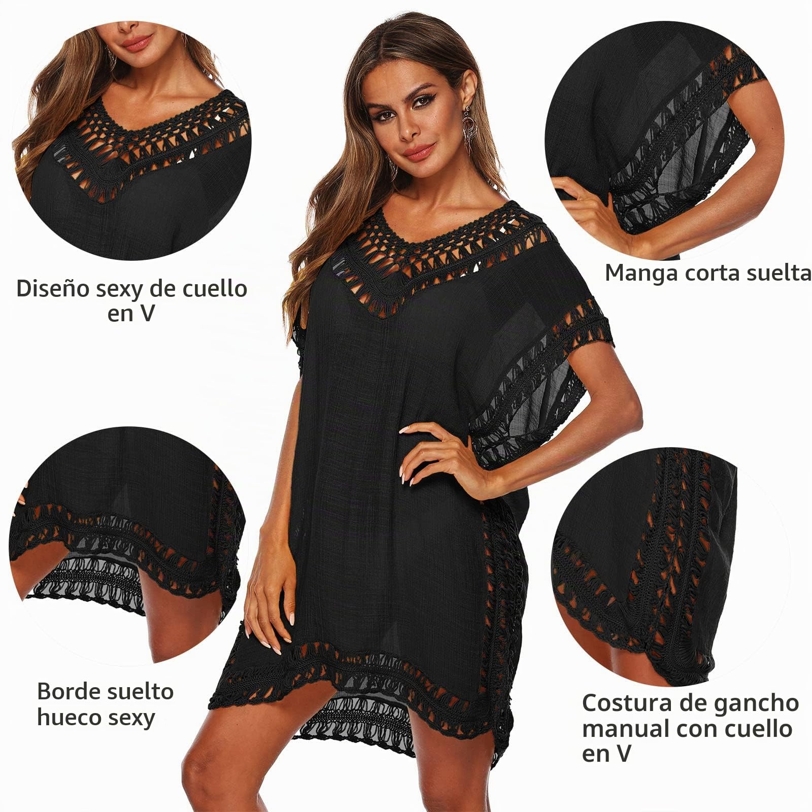 Baynetin Vestido de Playa para Mujer- Cuello en V, Manga Corta, Pareos y Camisola de Playa Sexy Hueco Traje de Baño Punto Bikini Cover up