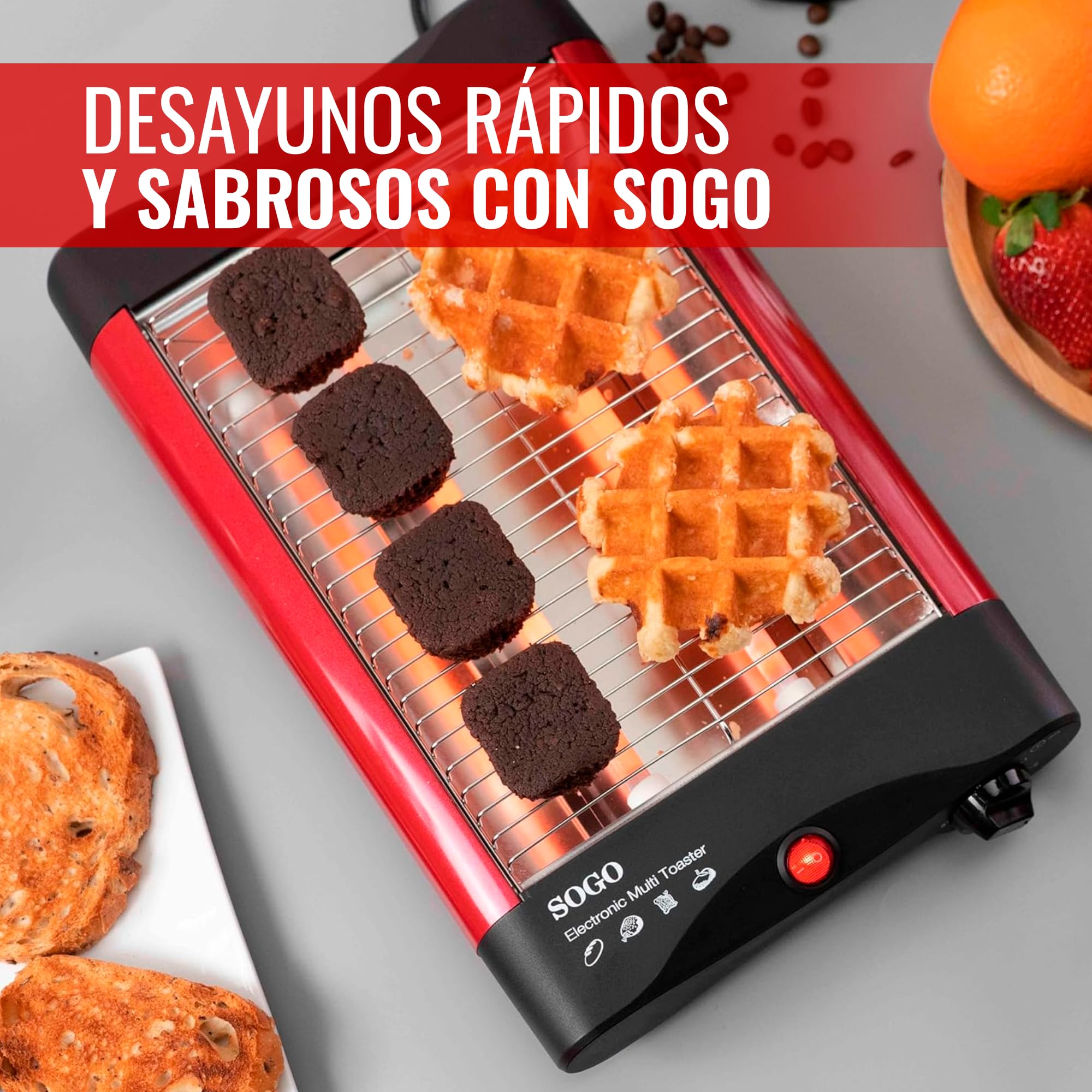 SOGO Tostadora Horizontal para Pan y Bollería – Tostadora Pan Plana con Resistencias de Cuarzo y Temporizador de 5 Minutos – Bandeja Extraíble para Migas e Indicador luminoso