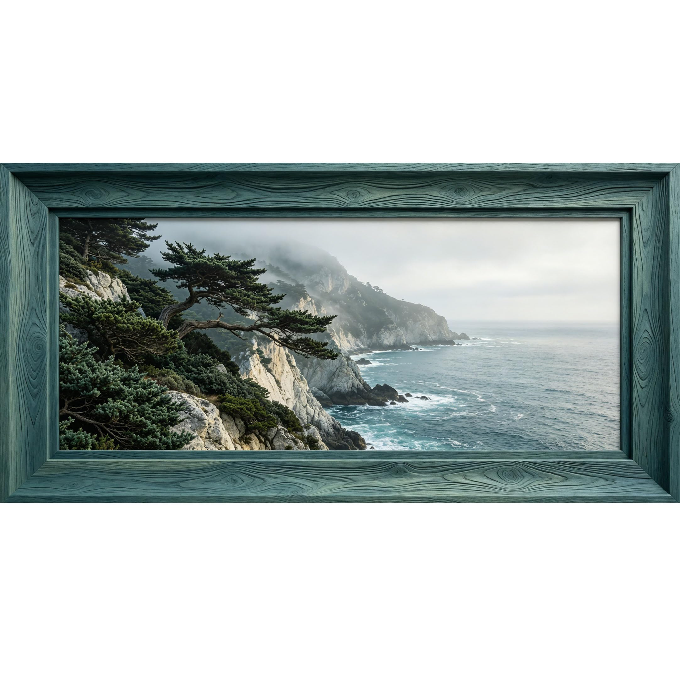 Agglomerix 3D Framed Wall Art Misty Mountain Coastal Landscape Ocean Waves Pine Tree Large Size SelfAdhesive Removable Wall Decor Prints Artwork for Living Room Bedroom Office