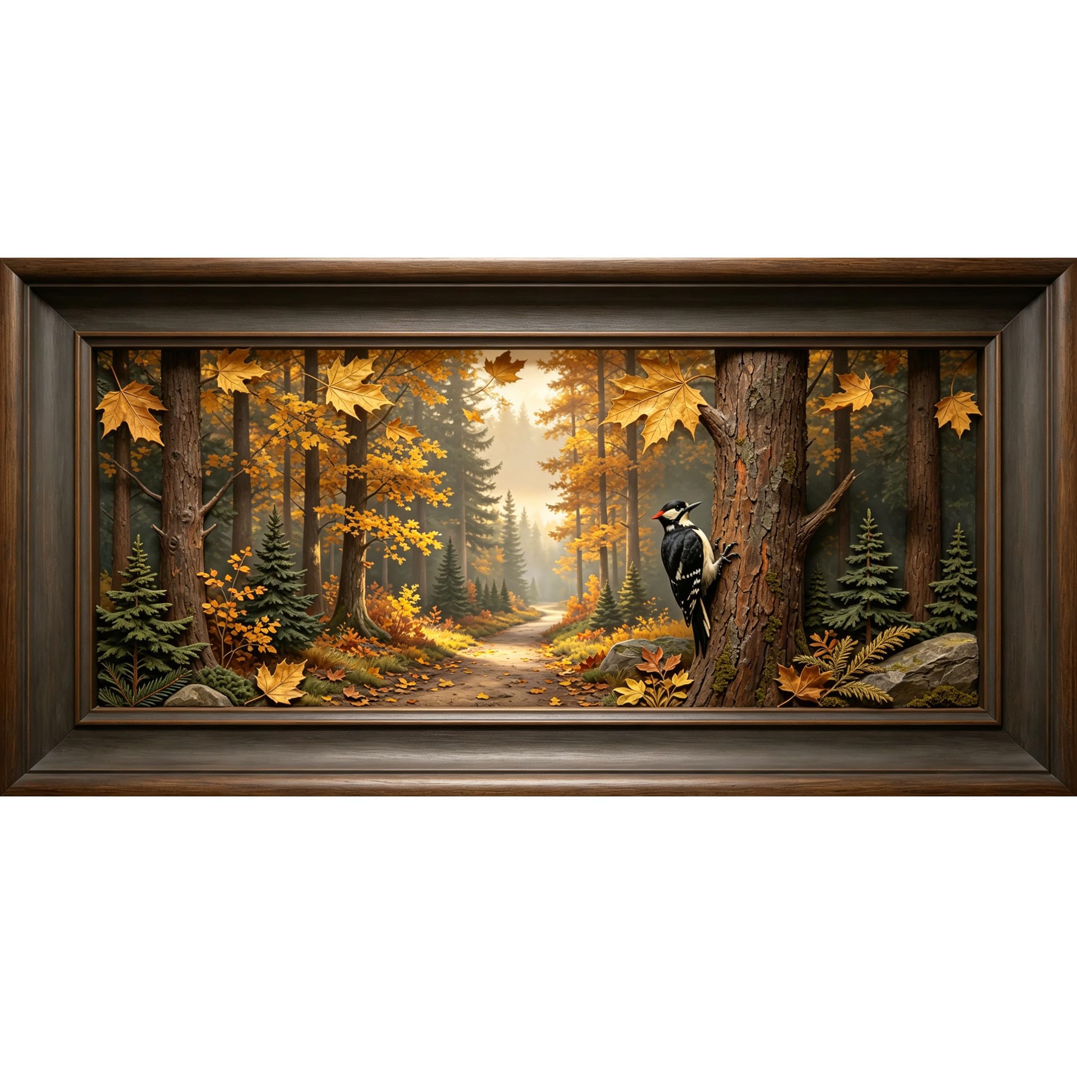 Agglomerix 3D Framed Wall Art Autumn Forest Path Woodpecker Pine Trees Fallen Leaves Textured Botanical Large Size Self-Adhesive Removable Wall Decor Prints Artwork for Living Room Bedroom Office