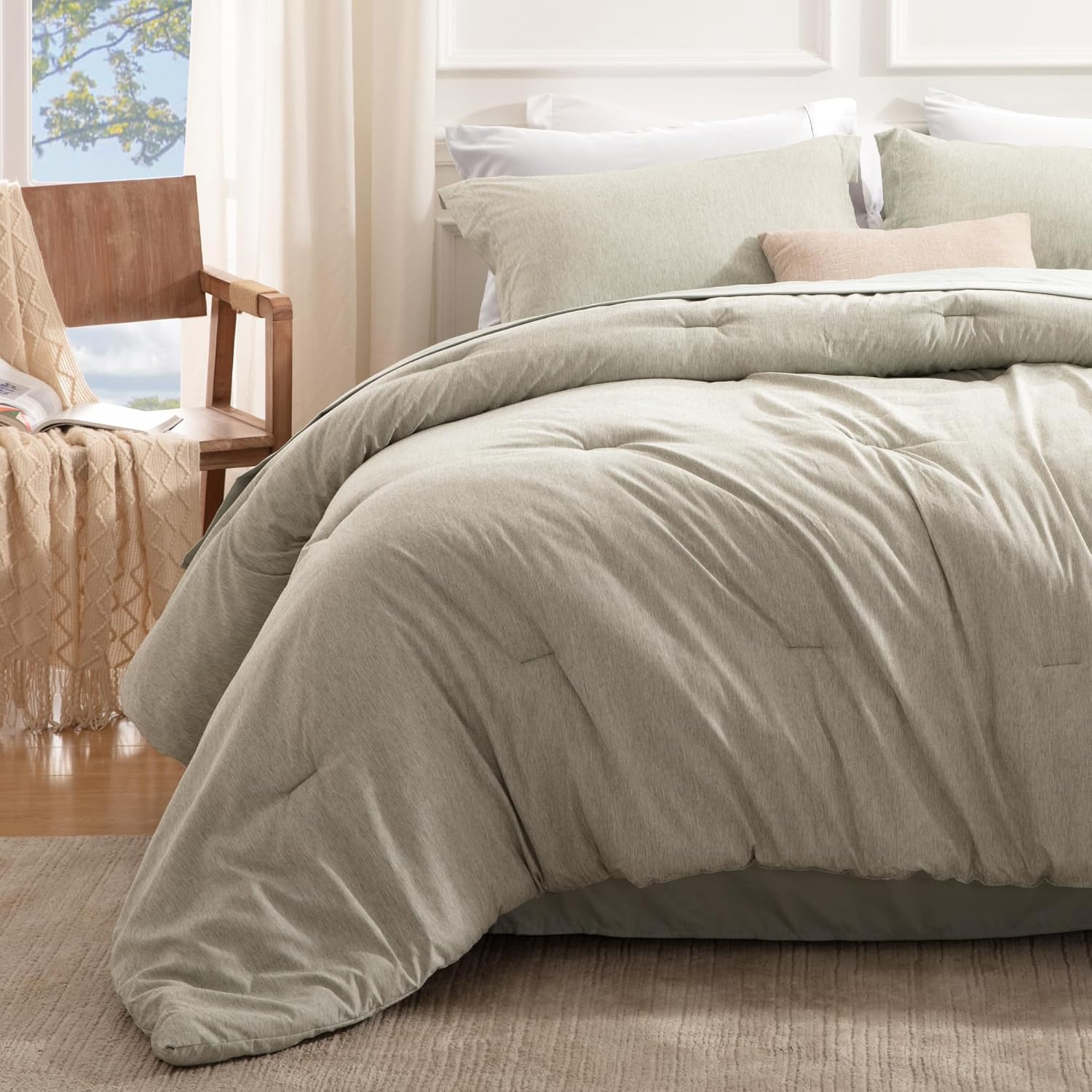 UNILIBRA Sage Green Comforter Set Queen Size 3 Pieces, Cationic Dyeing Soft Bedding Comforter Set for All Seansons - Queen Bed Set with 1 Comforter (90"x90") and 2 Pillow Shams (20"x26"+2")