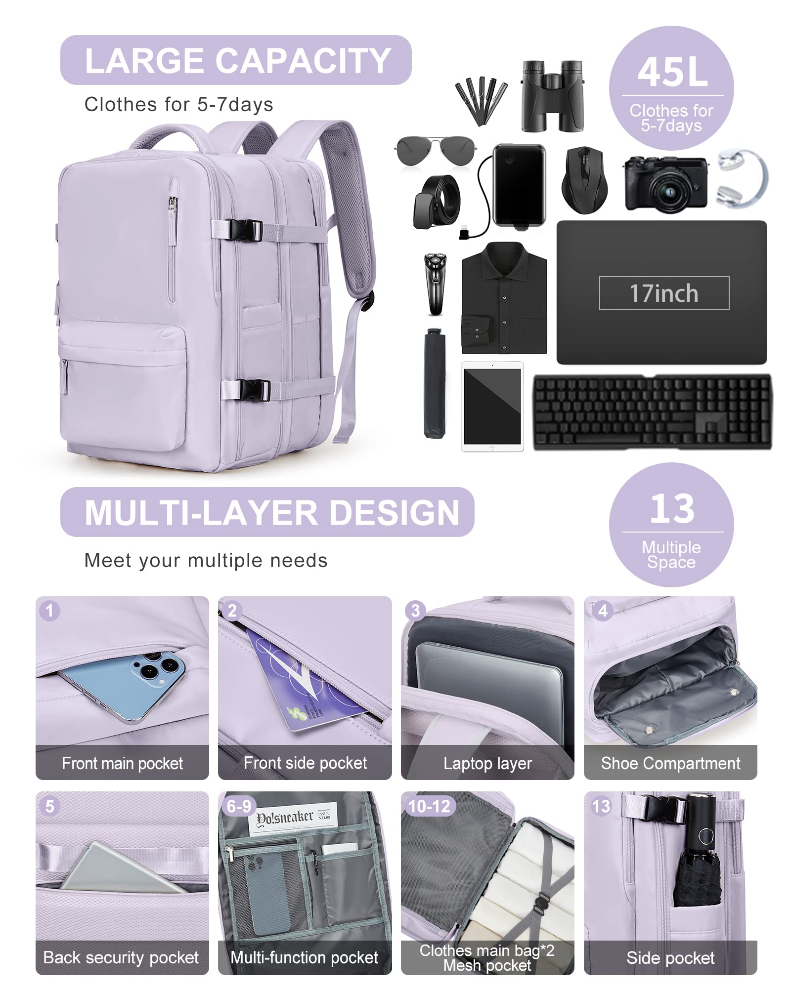 Large Travel Laptop Backpack, Expandable Flight Approved Backpack, Carry on Backpack for Women, Waterproof 17inch Laptop Hiking Backpack with Shoe Compartment, Purple