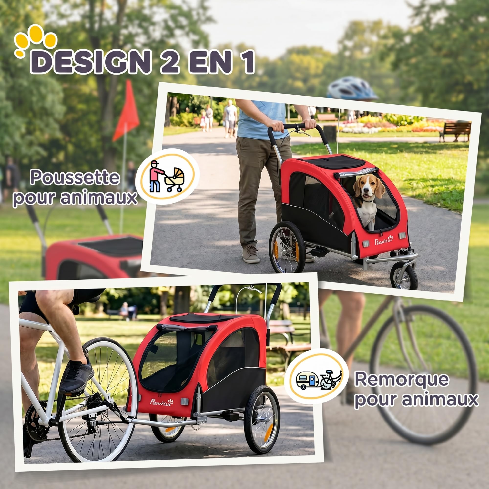 PawHut Remorque Vélo Chien 2-en-1 avec Suspension pour Chien Moyen Rouge | Chariot, Pneus à Dégagement Rapide, Réflecteurs, Grandes Fenêtres en Mesh, Frein à Main, Drapeau