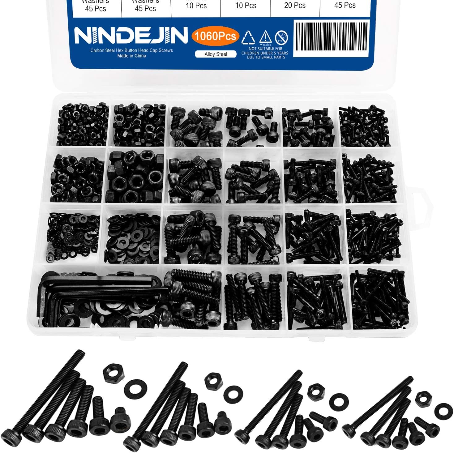 NINDEJIN M2 M3 M4 M5 Hex Socket Head Cap Screw Bolts Nuts and Washer Assortment Kit, 1060PCS Black Machine Screws Set, 12.9 Carbon Steel Small Metric Screws with 4PCS Allen Wrenches