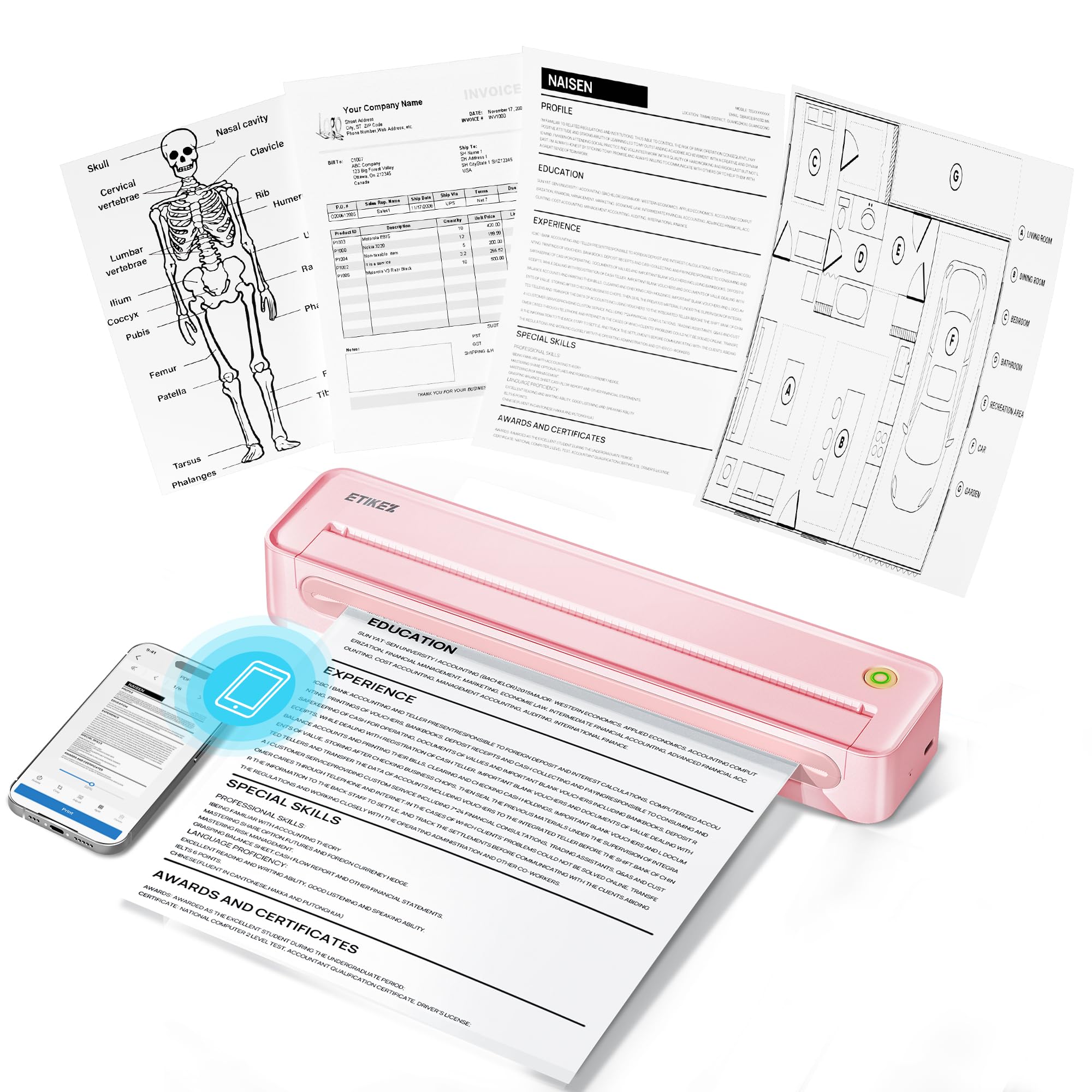 ETIKEZ D90E Stampante Termica A4 Portatile Bluetooth – Viaggio Ufficio Casa, Compatibile con iOS Android Windows Mac, Confezione da 20 Fogli di Carta Termica – Rosa