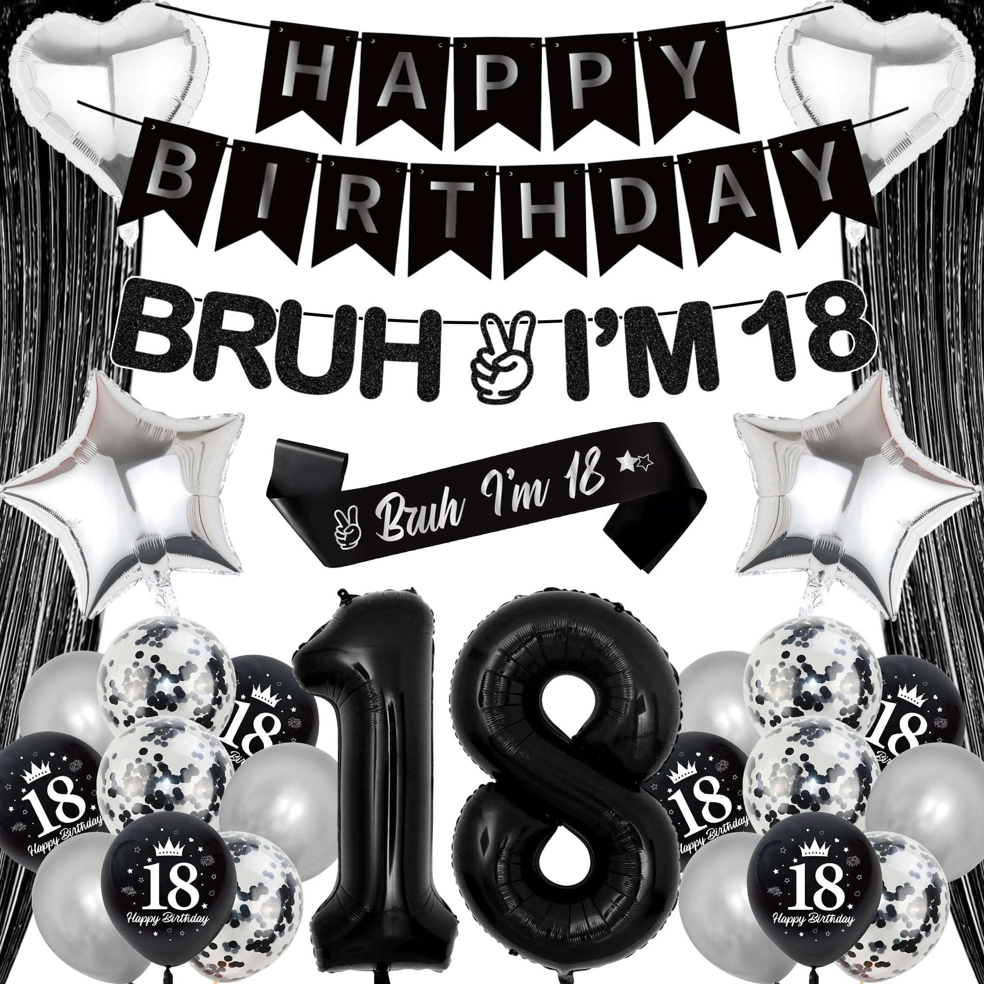 18th Birthday Decorations Balloons Boys - 28 Pcs Black Silver Happy Birthday Banner Decorations with Bruh I'M 18 Banners Curtain Backdrop Foil Balloons for 18 Year Old Boy Party Decoration Supplies