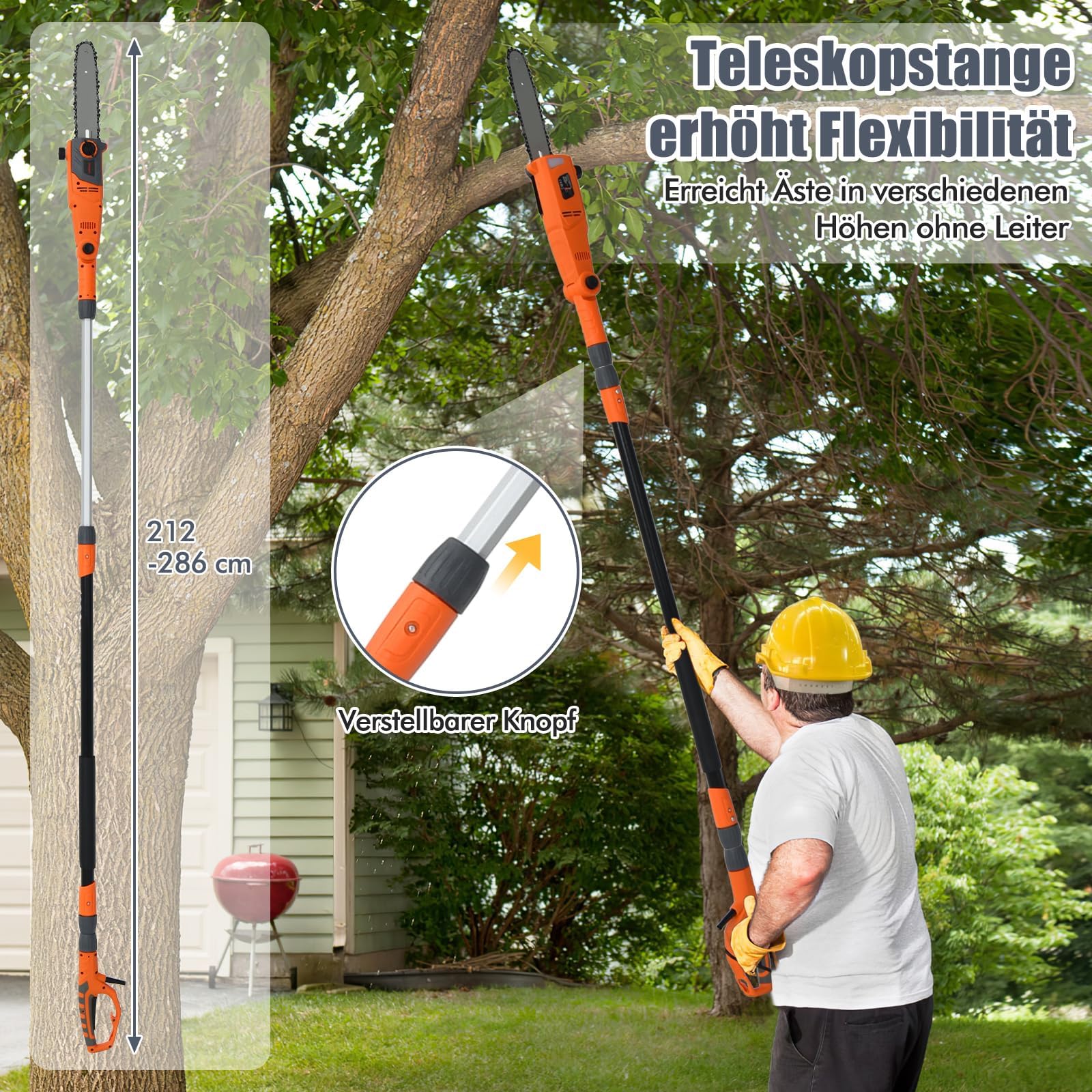 FANTASK Piła prętowa elektryczna, sekator, teleskopowa piła do gałęzi z regulowaną głowicą, 212-286 cm, 11 m/s, 750 W, wielokątna, aluminium, piła łańcuchowa, profesjonalna piła łańcuchowa do ogrodu