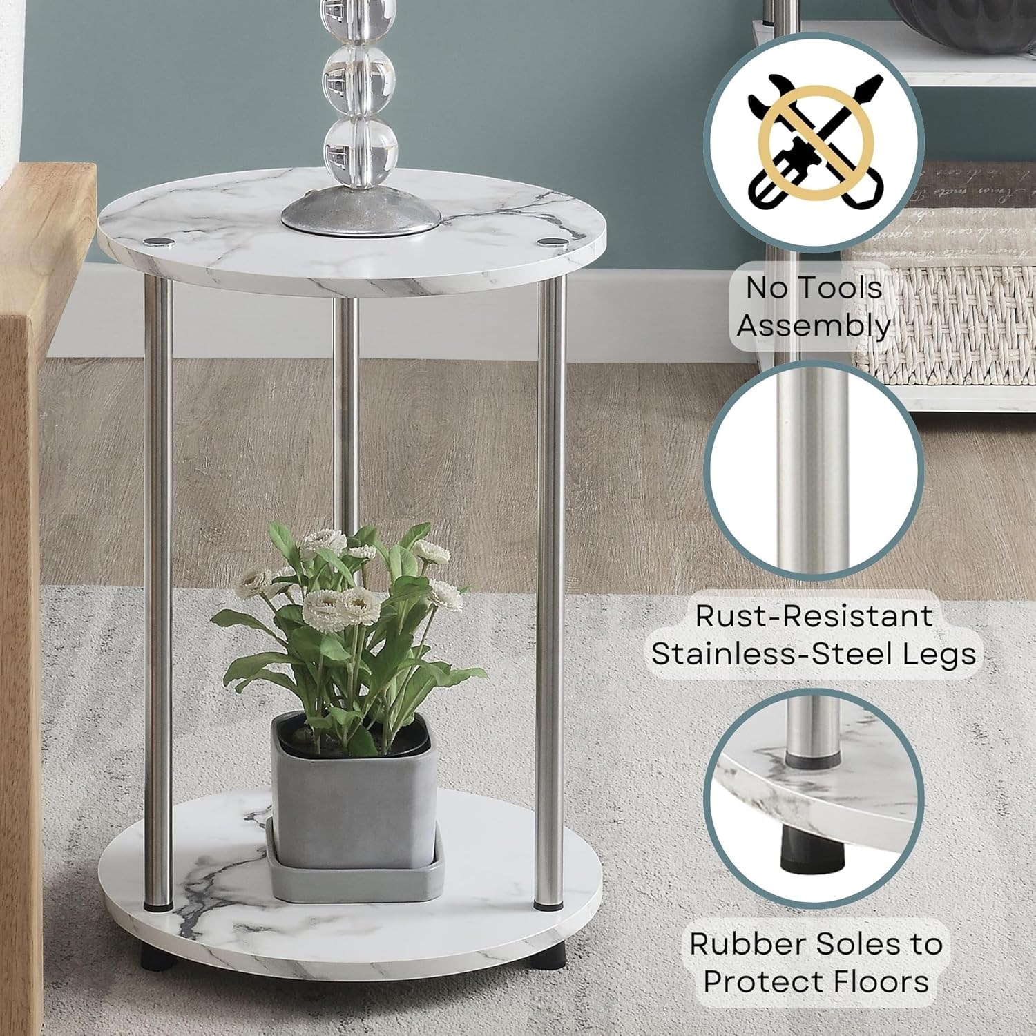 Pemberly Row Two-Tier Round End Table, 22 in Height, Stainless Steel and Faux Marble, White Finish, Modern Style, Compact Design, Living Room or Bathroom Accent Table