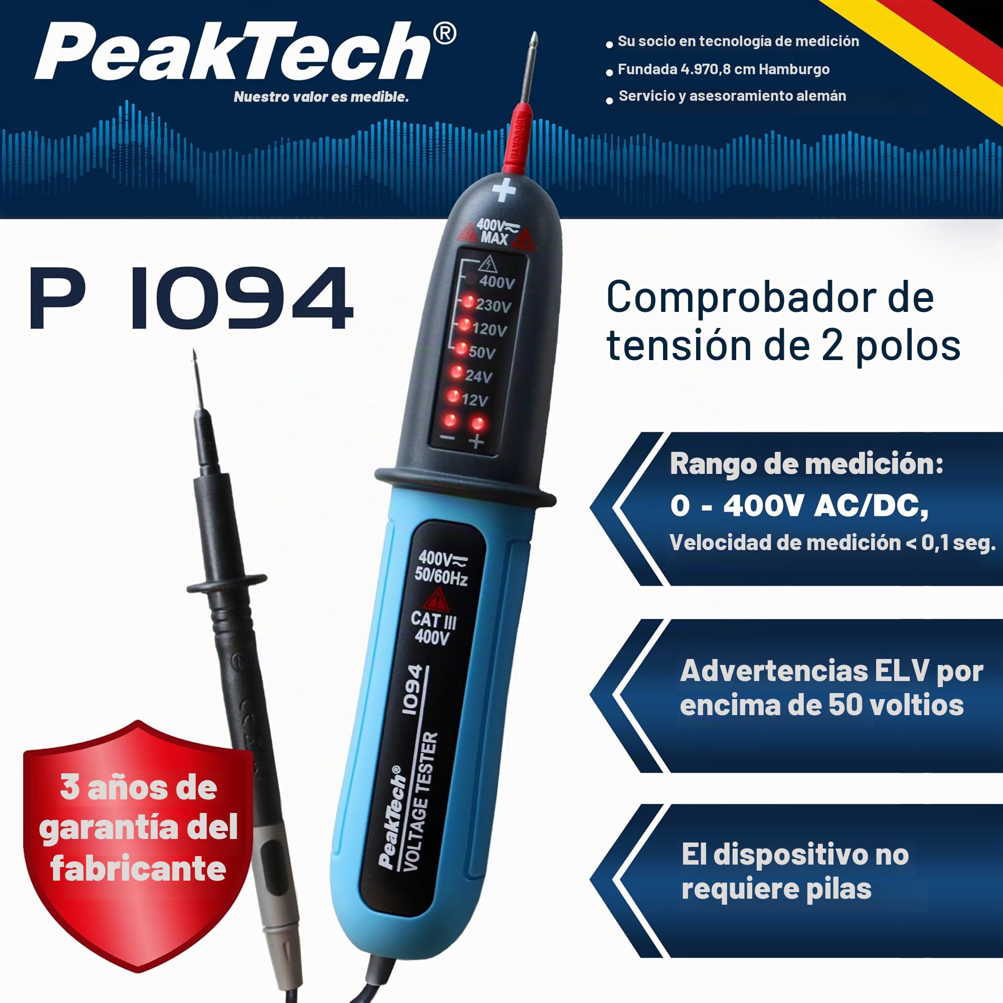 PeakTech, P1094, Comprobador de tensión digital bipolar CA/CC de 12 V a 400 V, Comprobador de corriente de calidad con pantalla LED y señal acústica de advertencia, Voltímetro con clase de protección