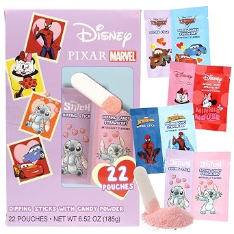 Disney Candy, Cars, Spiderman, Mickey and Minnie and Stitch Themed, Strawberry Flavored Dipping Powder, Birthday Party Favor Treats, 22 Pouches Inside