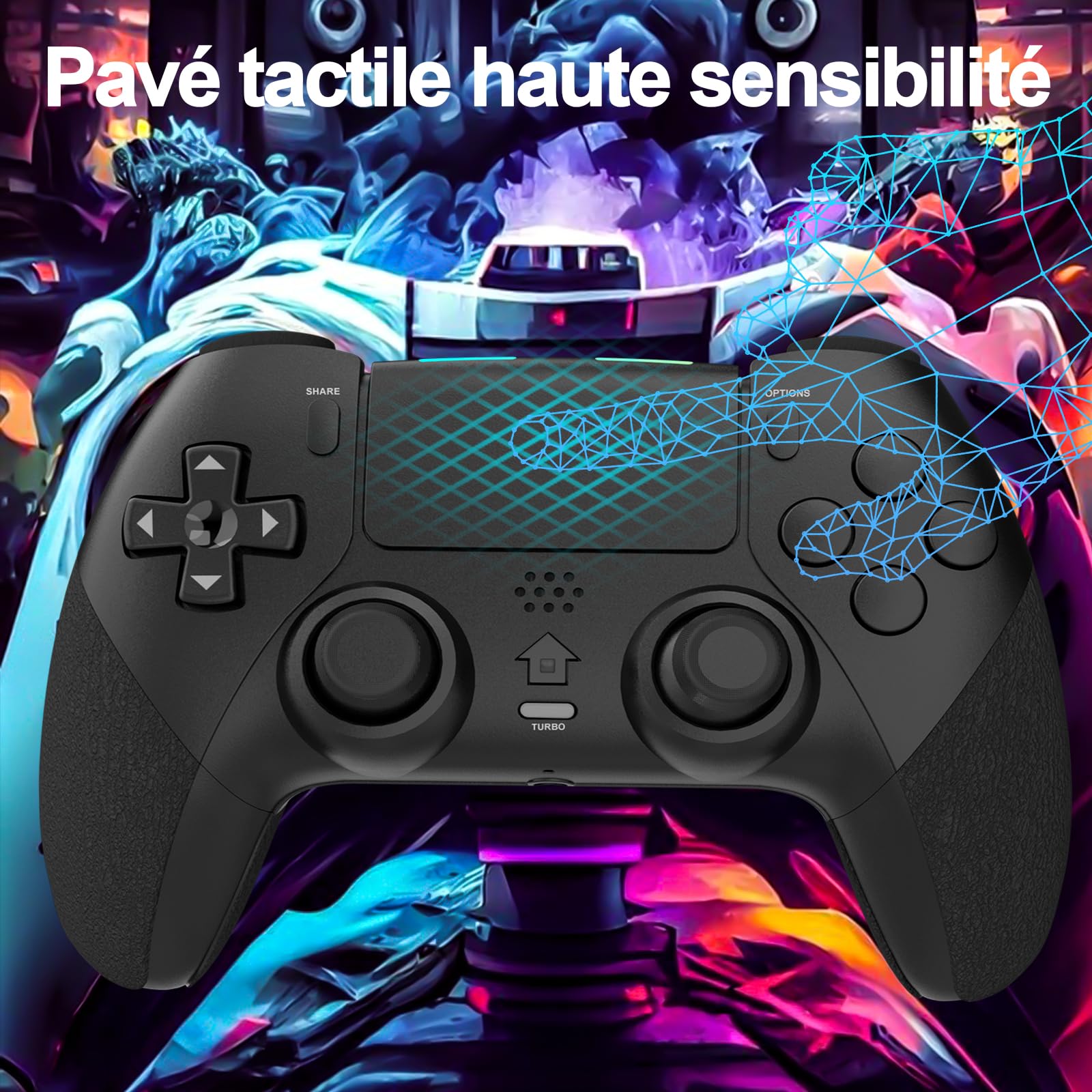 Shiptree Manette pour PS-4, Manette Sans Fil Controller Compatible avec P4/P4 Pro/Slim, Gamepad P4 avec Turbo/Gyroscope à 6 Axes/Boutons Programmables/Double Vibration/Pavé Tactile - Noir